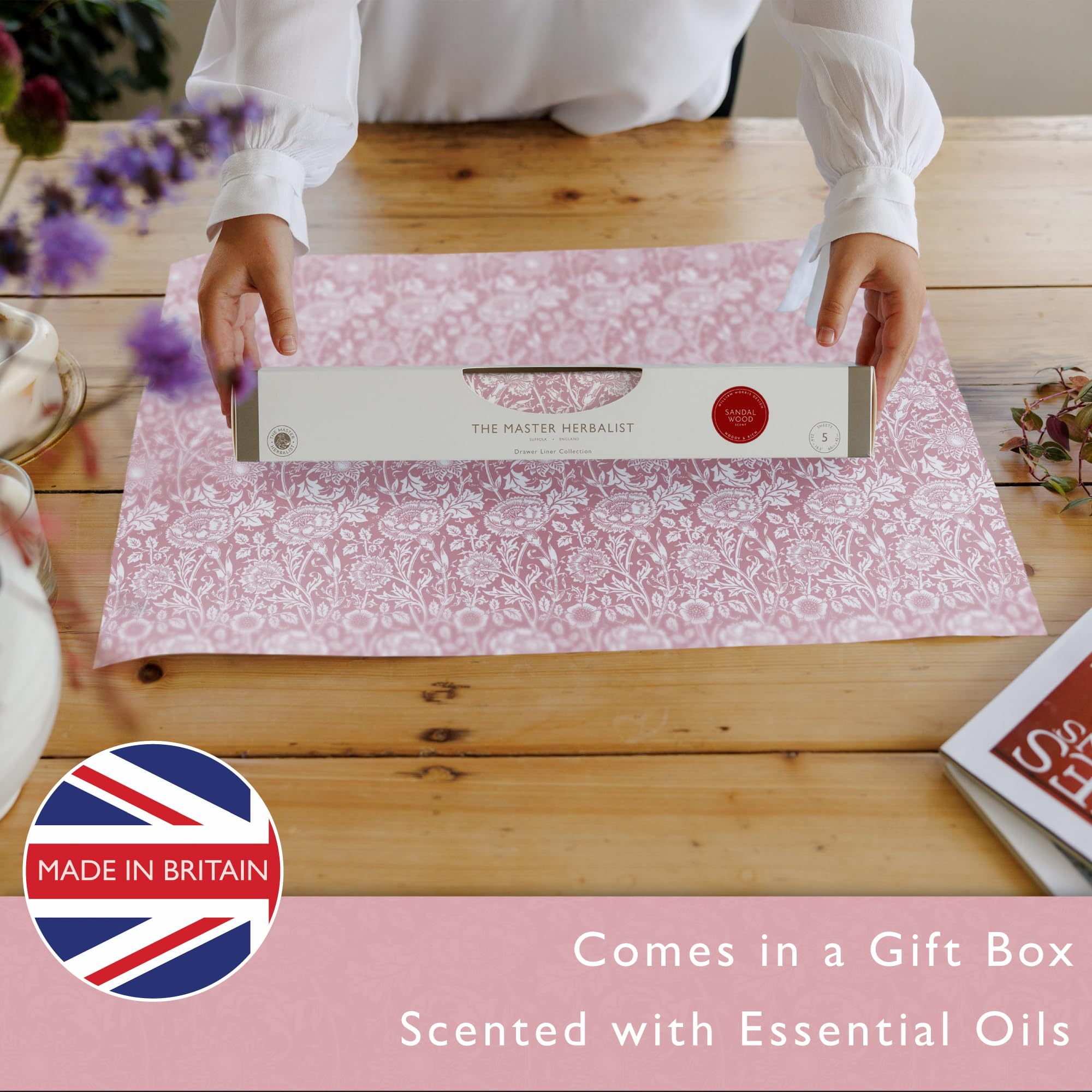 Pink William Morris Rose Scented Drawer Liners - Pack of 5 Folded Sheets with Rose Essential Oil | UK Made | Perfect for Dresser Drawers, Wardrobes & Closet Organization