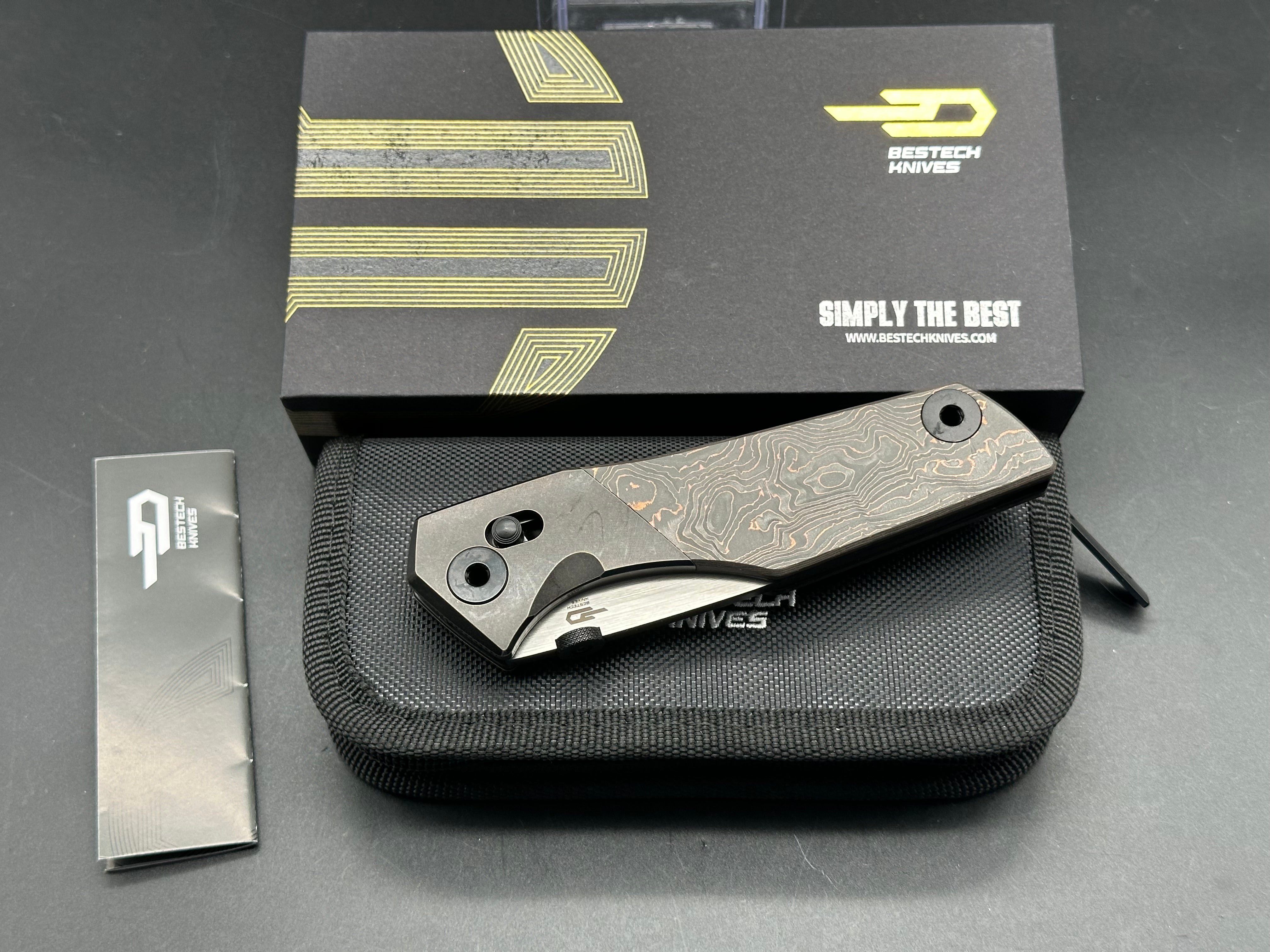 Bestech Poltergeist Works Cetus Folding Knife - Copper Foil Handle with Bronze Ti Bolster, Two-Tone Satin & DLC Black M390 Blade - EDC, Outdoor, Camping, Survival Gear