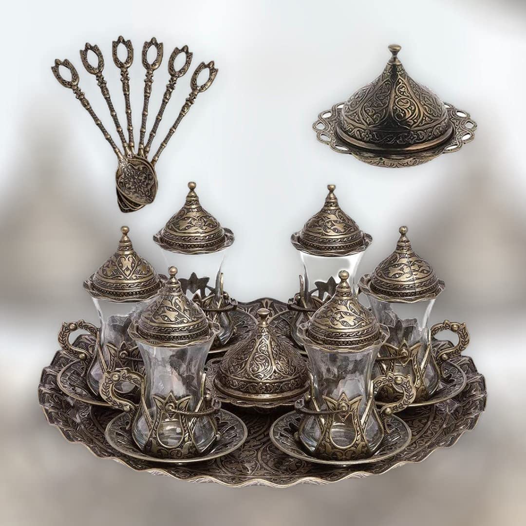 Handmade Turkish Tea Set - Authentic Green Zamzam Serving Glasses with Saucer, Tray and Spoon - Perfect for Traditional Tea Ceremonies, Home Decor & Gift Giving