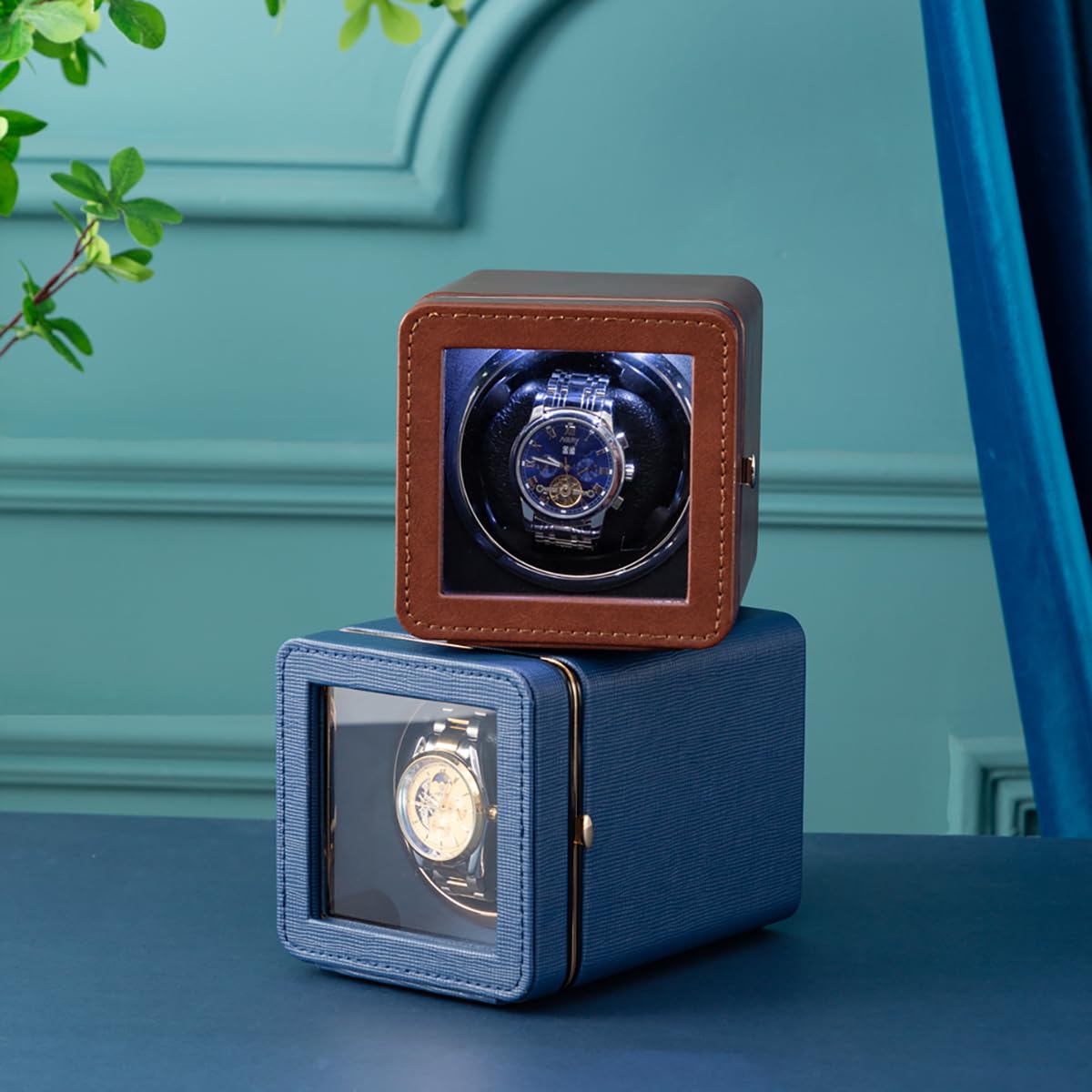 Premium Automatic Watch Winder with Japanese Brushless Silent Motor - Modern Leather Surface Design with Ambient LED Lighting - Perfect for Automatic Watch Storage & Display - Ideal Gift for Watch Collectors & Trendy Professionals (Black)