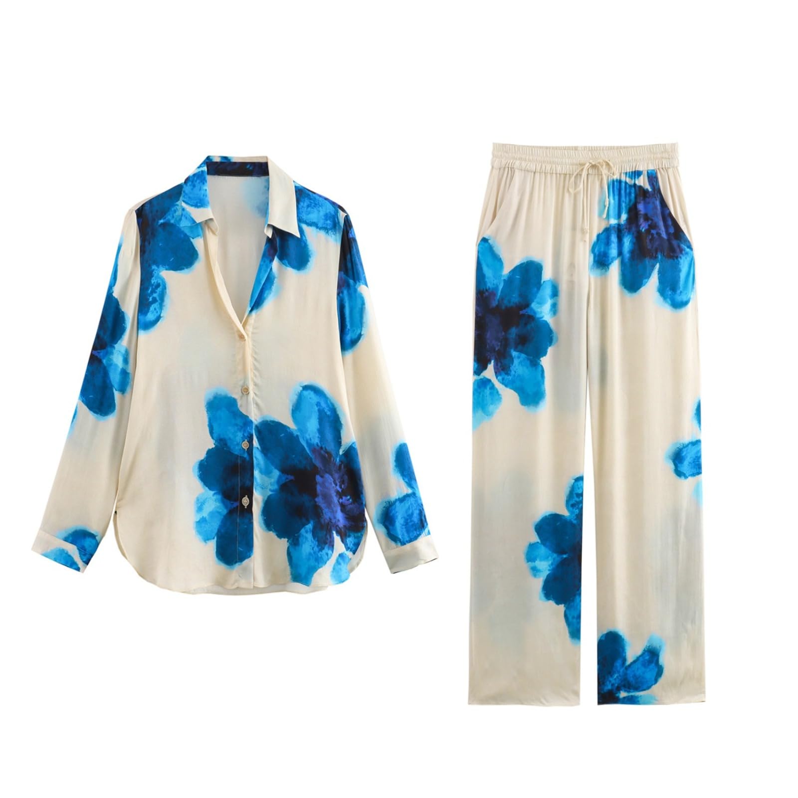 Pokn Women's 2 Piece Lounge Set - Floral Print Turn-Down Collar Shirt & Wide Leg Pants | Summer Athleisure Outfit for Women | Perfect for Yoga, Lounging & Casual Wear