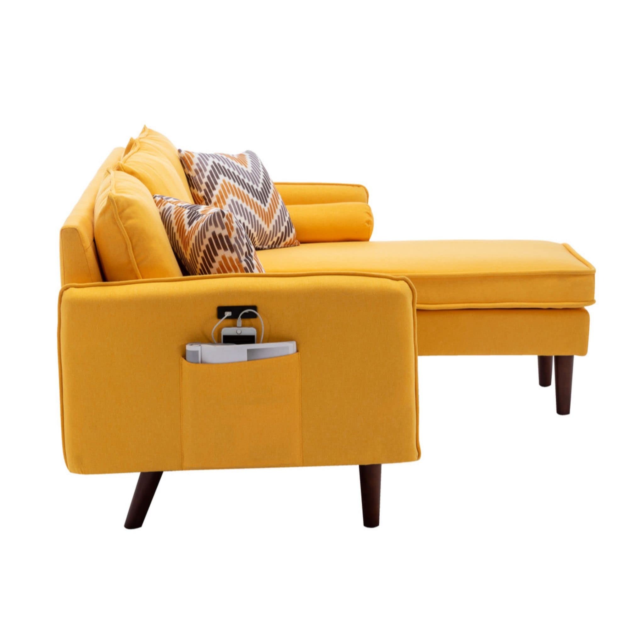 Lilola Home Mia Yellow Sectional Sofa Chaise with USB Charger & Pillows - Modern Living Room Furniture for Small Spaces, Comfortable Couches for Apartments and Family Rooms