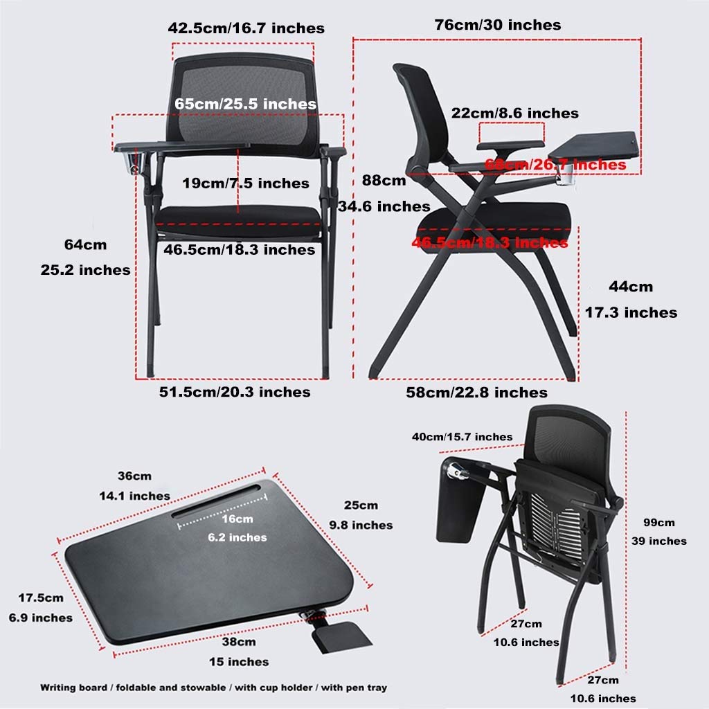 Ergonomic Adjustable Office Chair with Writing Board & Cup Holder - Foldable Conference Chair for Training, Meetings & Home Office - Thickened Padded Seat & Backrest (Black, 90x60cm) - Perfect for Workspaces, Classrooms & Small Spaces