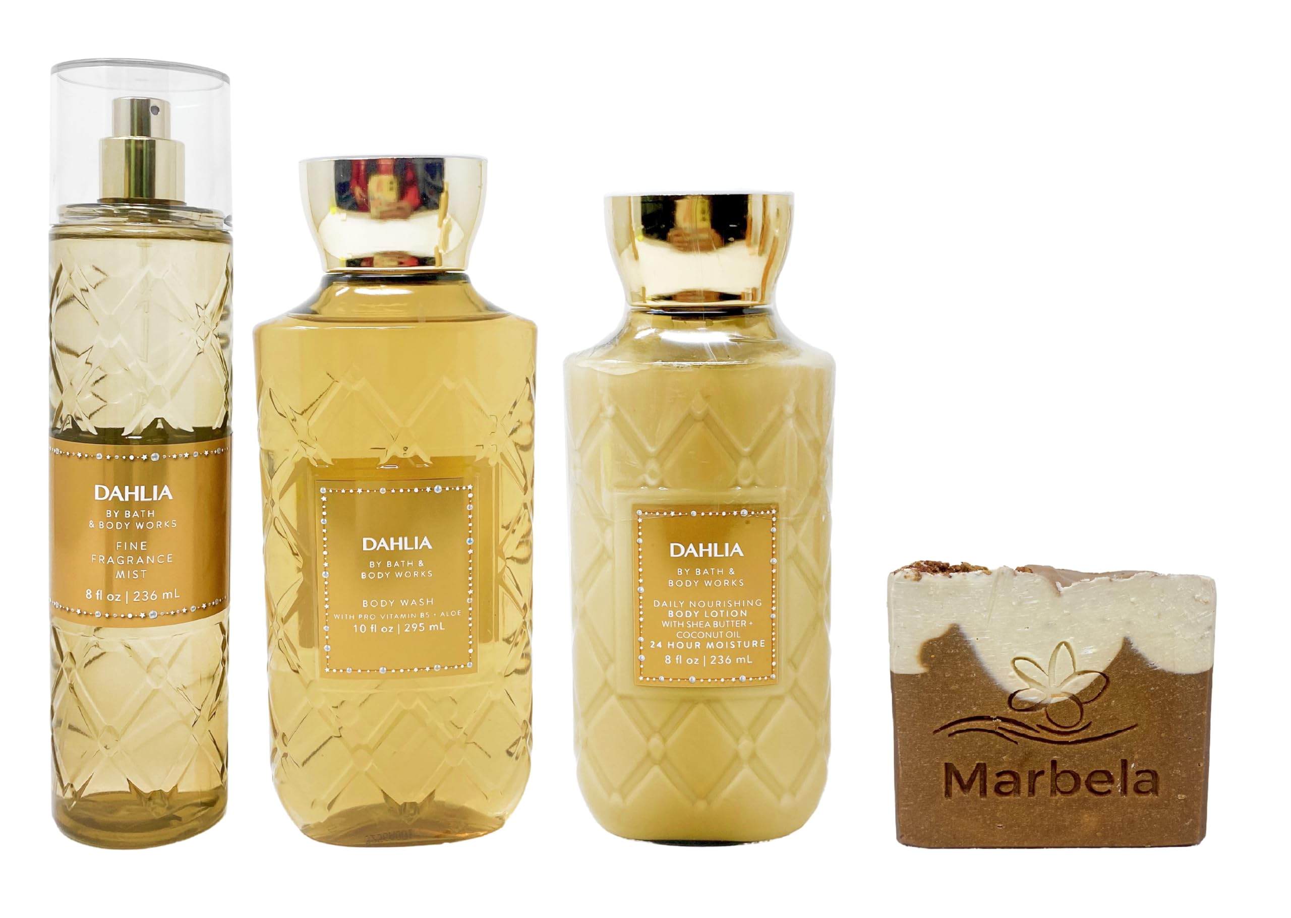 Bath & Body Works Dahlia Trio Gift Set - Fine Fragrance Mist, Body Wash & Lotion with Yamma Jamma Bar Soap | Golden Floral Scent | Perfect for Birthdays, Anniversary Gifts & Self-Care Pampering