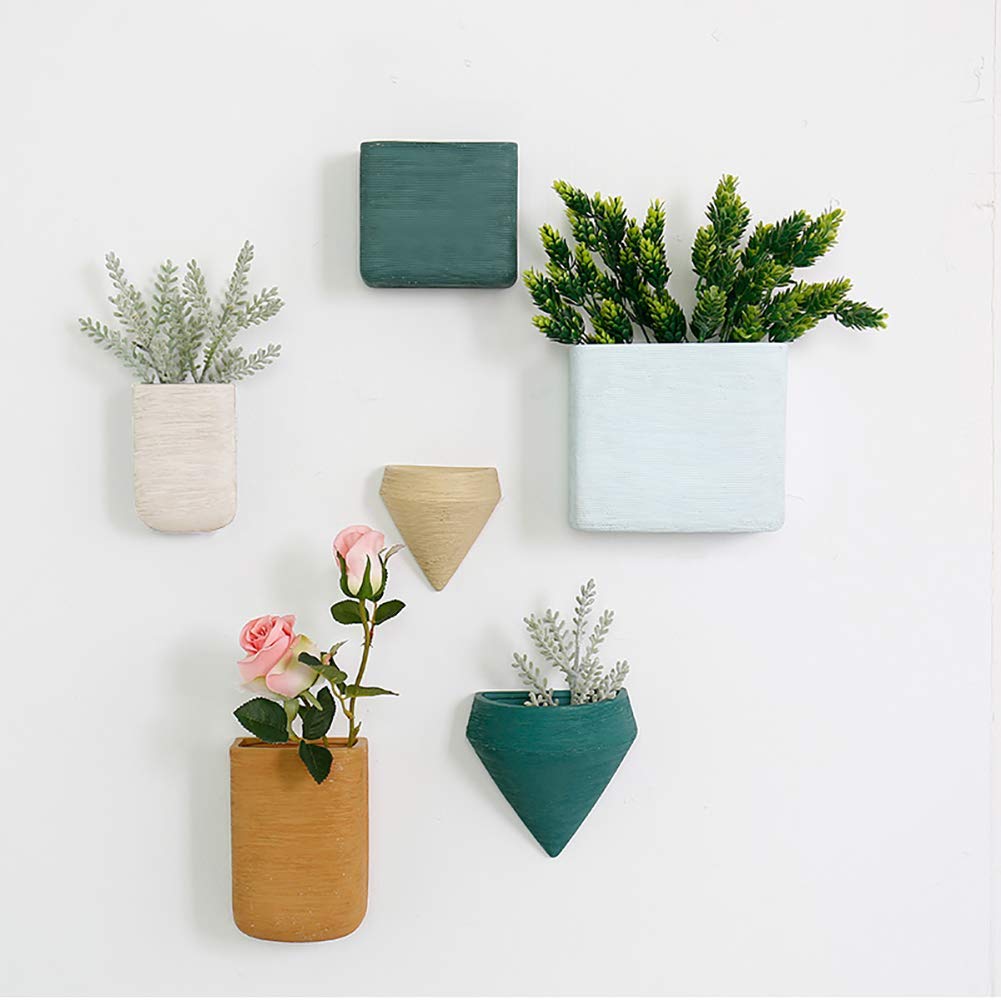 Modern Geometric Wall Hanging Planter Set with Artificial Flowers - Ceramic Basketball Planter Vase for Indoor Plants, Succulents & Cactus - 6-Piece Home Wall Decor for Living Room, Bedroom & Office
