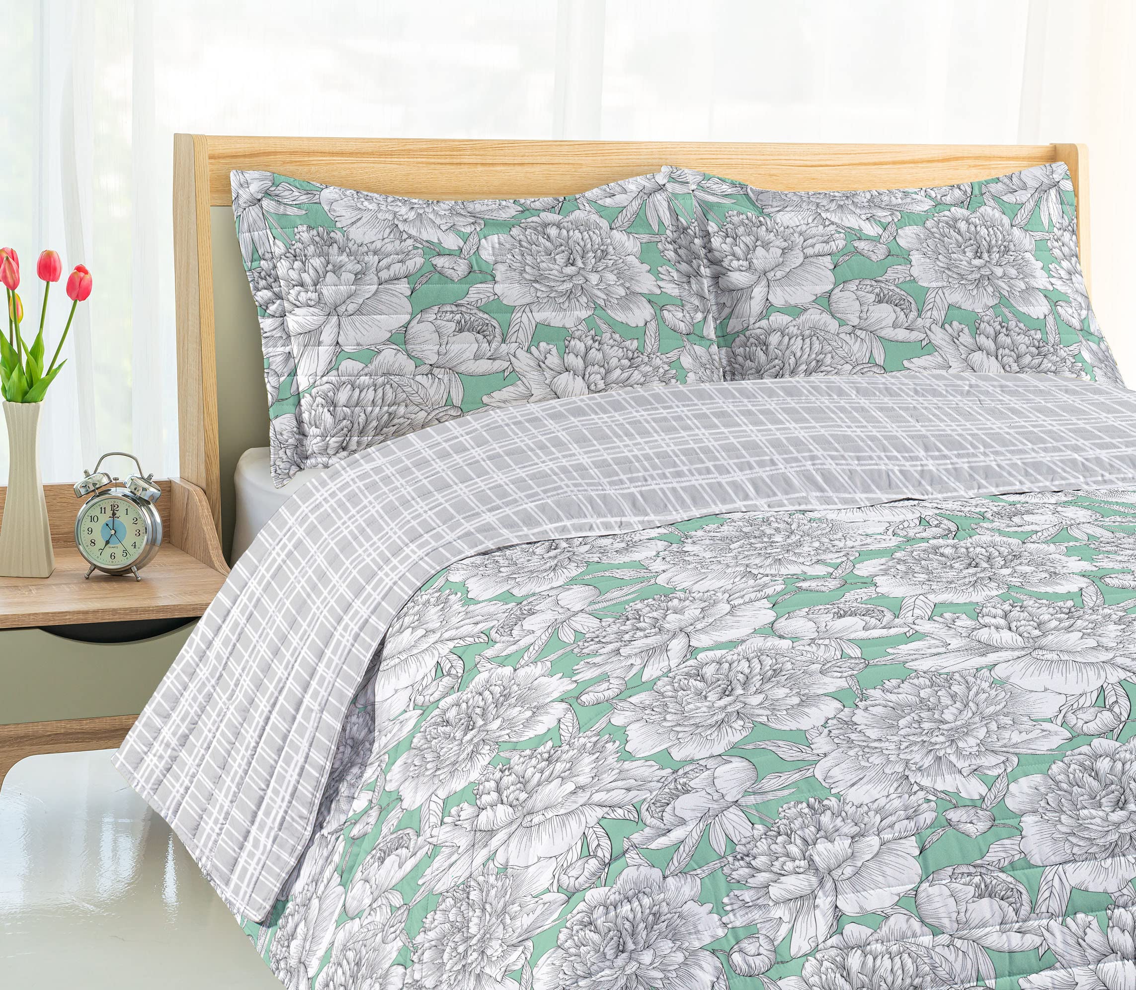 Ambesonne Floral Reversible King Size Bedspread Set with Pillow Shams - Hand Drawn Rose, Chamomile & Peonies Design on Microfiber Bedding - Almond Green - Perfect for Master Bedroom, Guest Room & Bohemian Home Decor