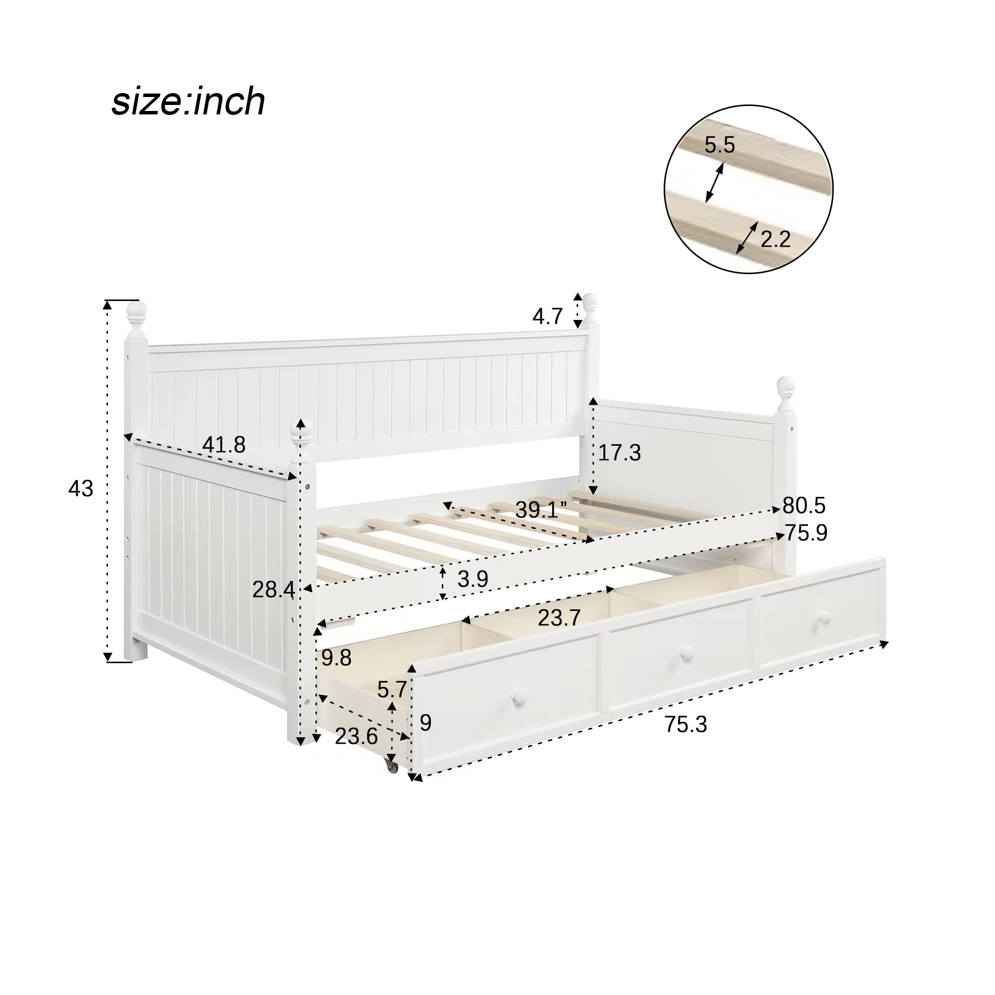 SOFTSEA Twin Daybed with Drawers - Multifunctional Wooden Platform Bed Frame for Kids, Teens & Adults - White with Storage - Perfect for Guest Rooms, Dormitories & Small Spaces