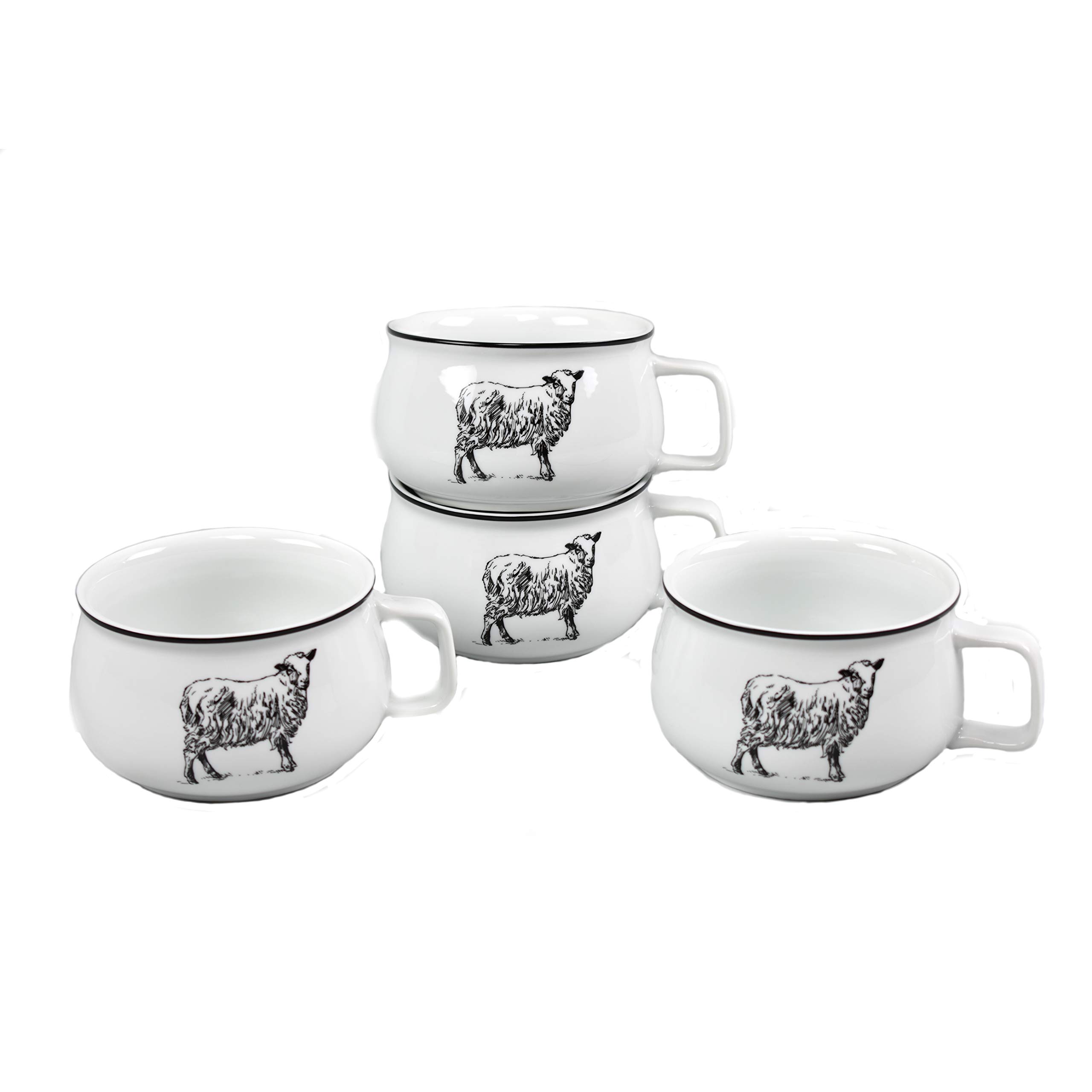 Premium White Porcelain Soup Mugs with Sheep Design - 20 oz Large Capacity, Set of 4 - Elegant Dinnerware for Soup, Cereal, Coffee & Tea - Perfect for Home, Restaurant & Gift Giving