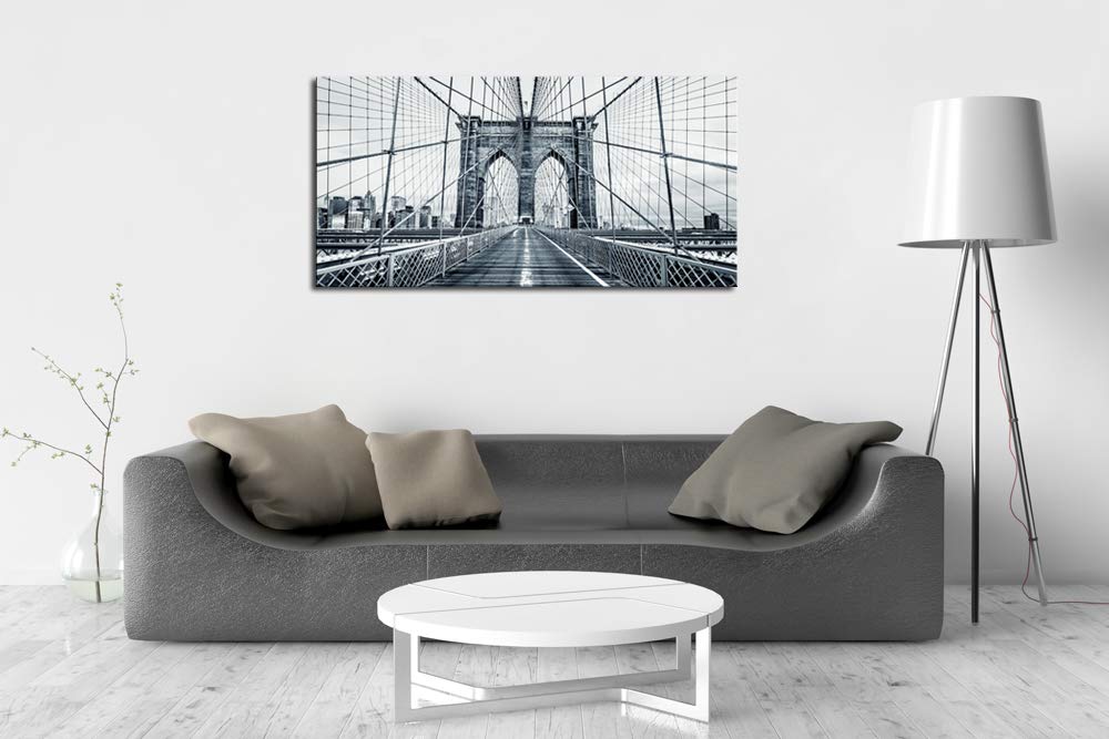 Black and White New York City Brooklyn Bridge Wall Art - Stretched & Framed Canvas Painting for Living Room, Office & Home Decor | DZL Art Q70775 | Perfect for Urban Style Interiors & Gift Giving