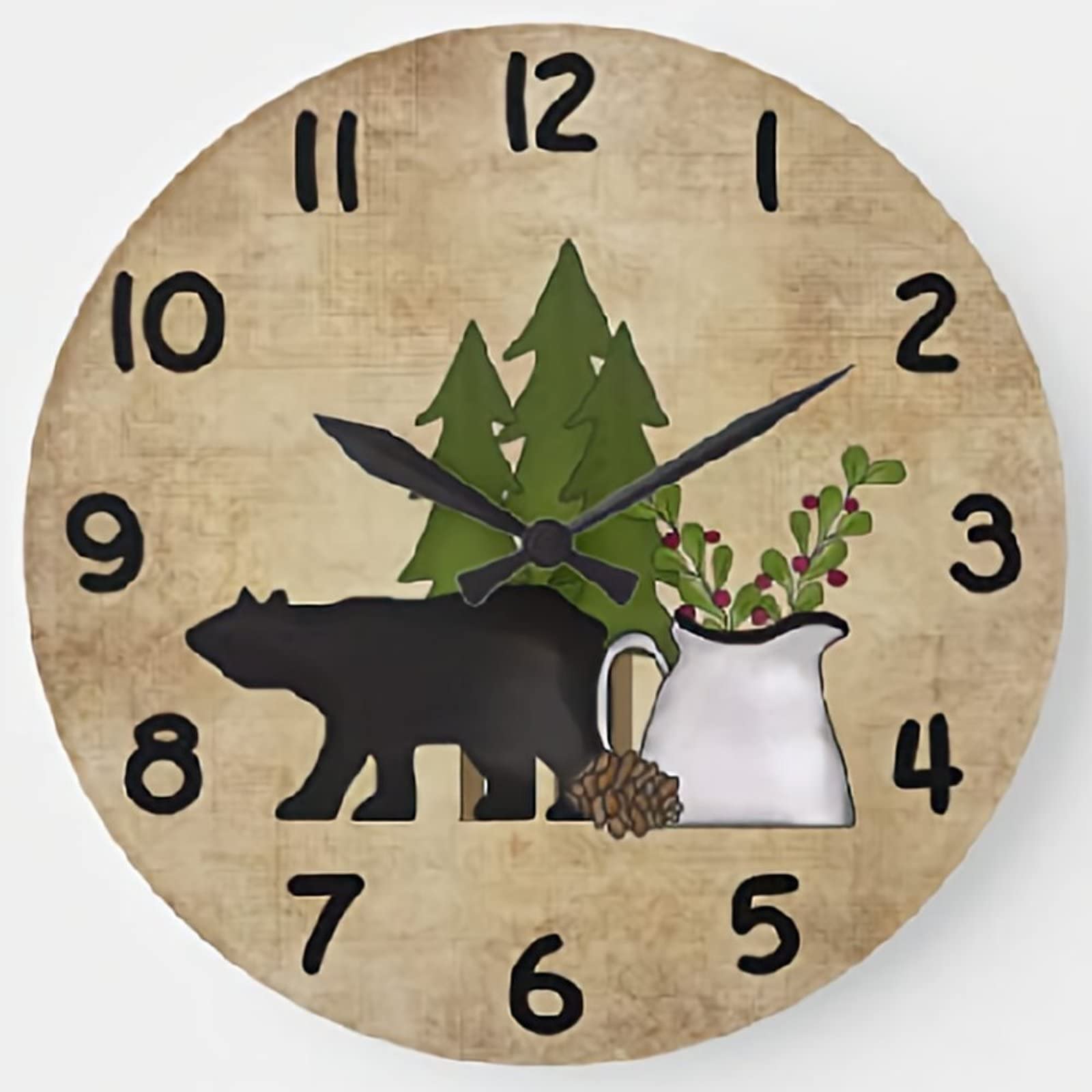 Rustic Bear Wall Clock - 15 Inch Wooden Round Clock with Silent Movement, Battery Operated - Country Mountain Decor for Living Room, Bedroom, Cabin & Farmhouse - Large Decorative Wall Clock for Home & Office