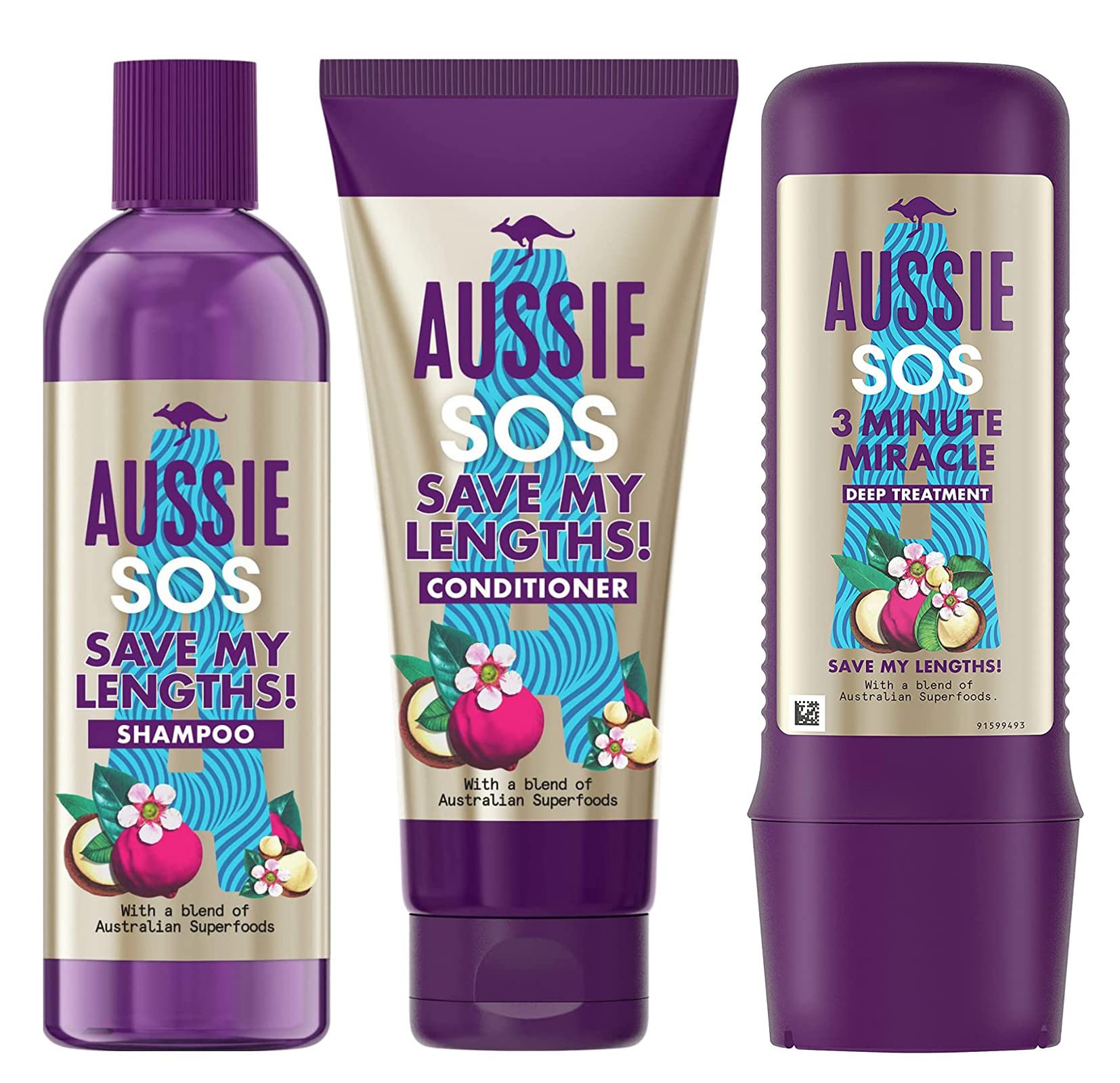 Aussie SOS SAVE MY LENGTHS Trio Set - Shampoo 290ml + Conditioner 200ml + Hair Mask 225ml for Damaged & Long Hair - Deep Repair & Hydration Hair Care Kit for Dry, Frizzy Hair - Perfect for Daily Use & Salon-Quality Results