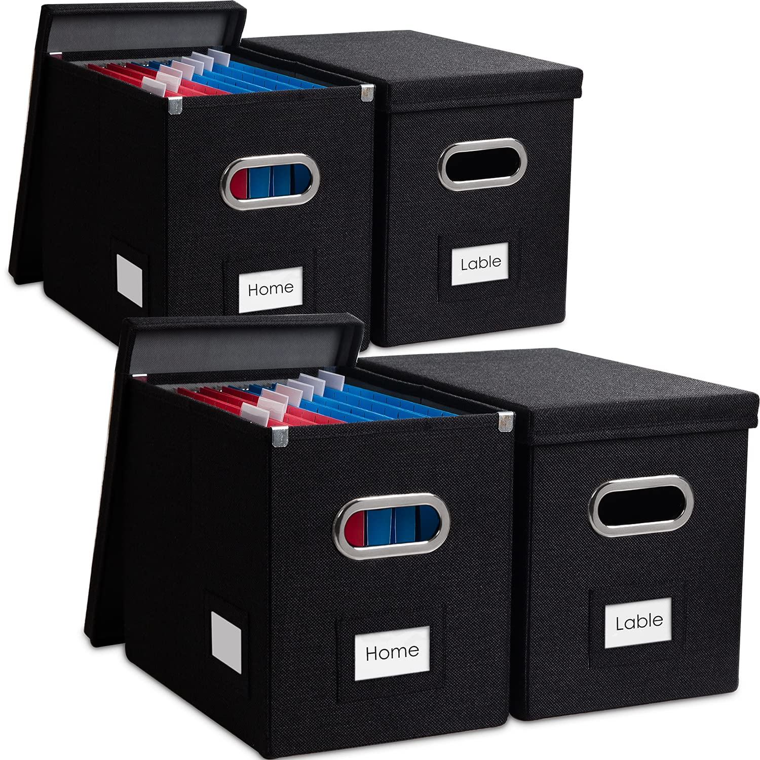 PRANDOM File Organizer Box Set of 4 - Collapsible Linen Storage Bins with Lids for Office, Home & School - Letter Size Hanging File Folders (14x9.3x10.8 Inch) - Perfect for Desk Organization, Document Storage & Cabinet Filing Systems