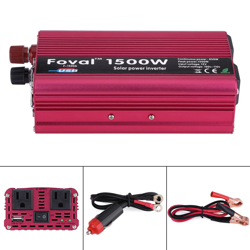 Yosoo 1500W Power Inverter DC 12V to AC 110V with Cigarette Lighter Plug & Battery Clips - Portable Car Power Converter for Laptops, CPAP Machines, Small Appliances (Red)