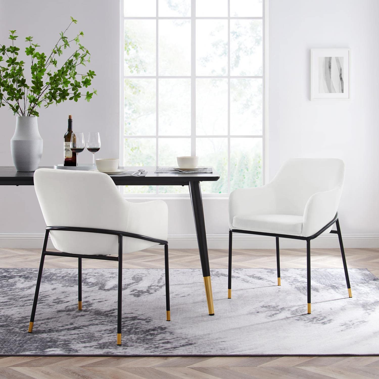 Modway Jovi Performance Velvet Dining Armchairs - Set of 2, Black & White Upholstered Chairs for Modern Dining Room & Kitchen Decor
