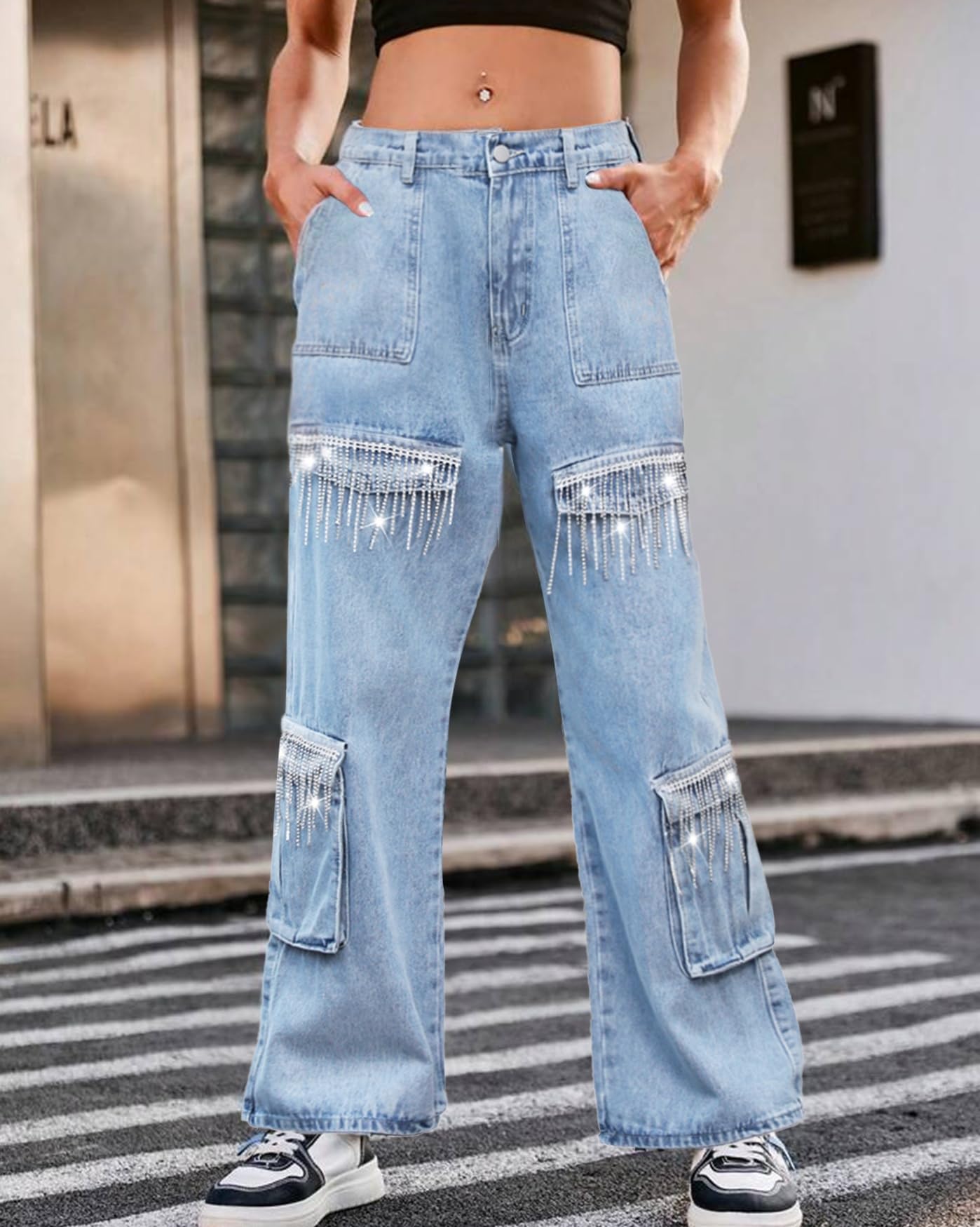 Sparkly Glitter Fringe Cargo Denim Jeans for Women - Rhinestone Tassel Wide Leg Pants | Nashville Style for Concerts, Parties & Night Out