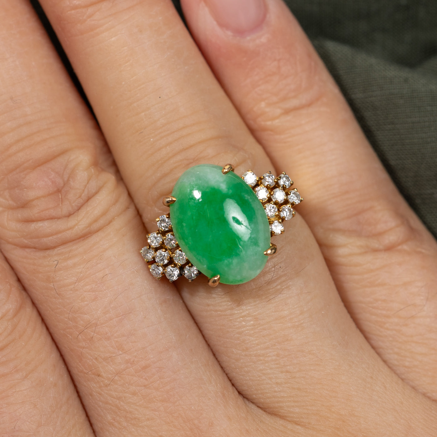 Exquisite 4.80ct Oval Cabochon Jadeite & 0.31ctw Diamond Cocktail Ring - Size 5.25 | Elegant Statement Jewelry for Weddings, Parties & Special Occasions