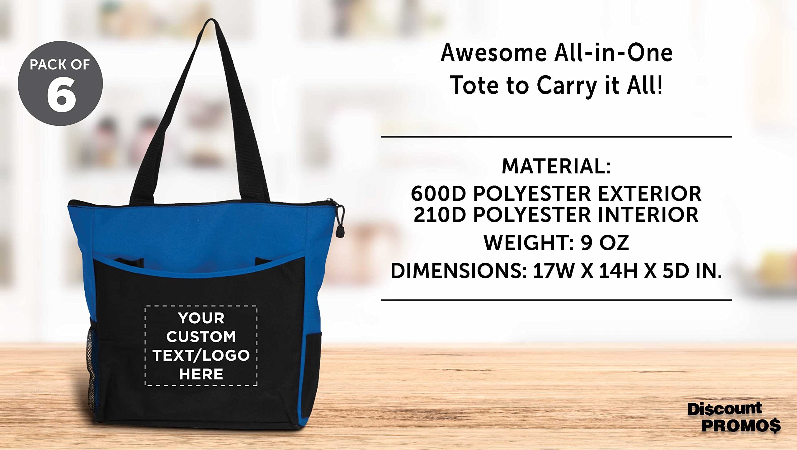 Custom Personalized Beach Tote Bags with Mesh Pockets - Set of 6 Reusable Bulk Pack - Perfect for Picnic, Camping, Beach & Outdoor Activities - Blue | Great for Summer Vacations, Pool Parties and Family Outings