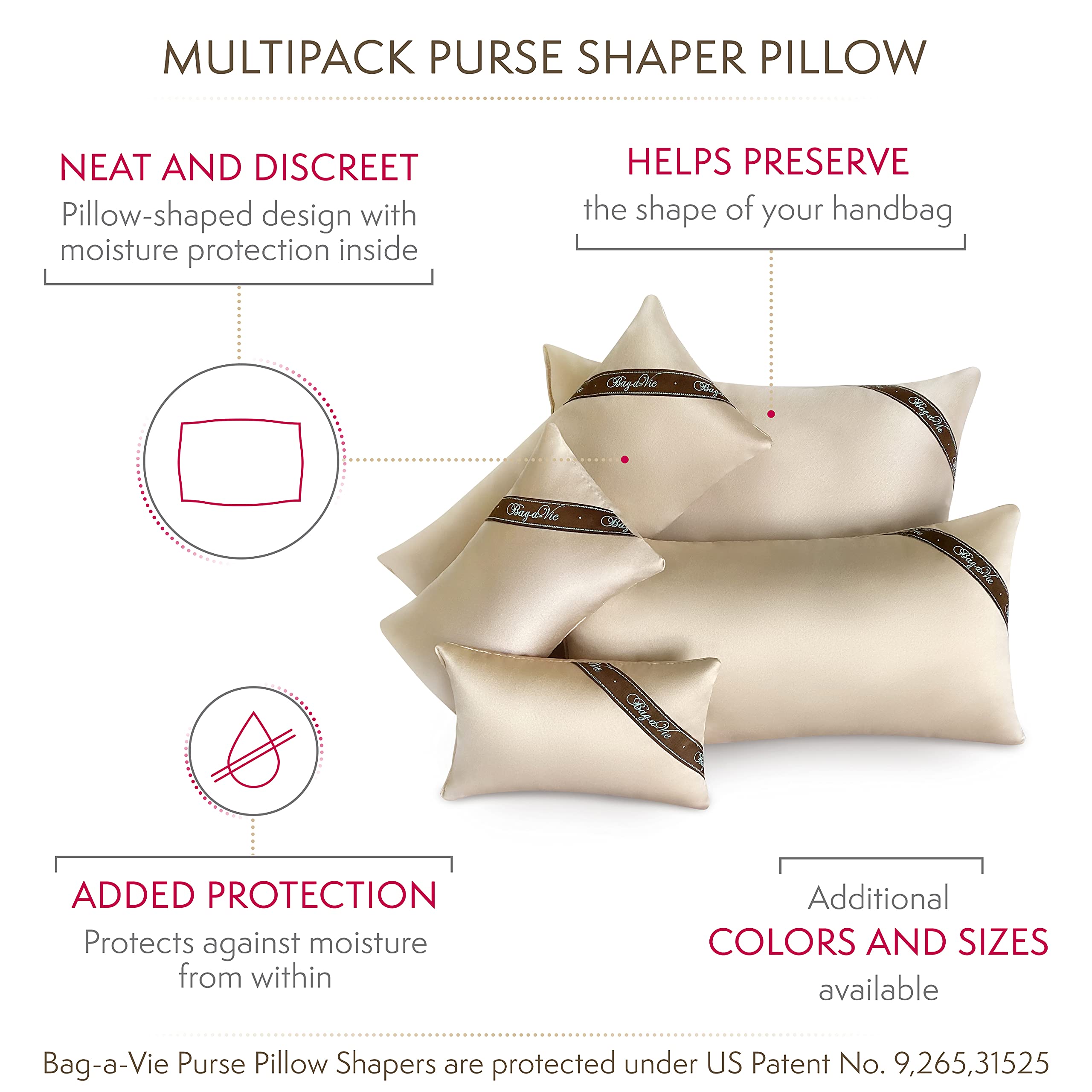 Luxury Purse and Handbag Shapers - Bag-a-Vie Purse Pillow Insert for Shape Protection [5-Pack, Champagne] | Perfect for Designer Bags, Clutches, and Tote Storage
