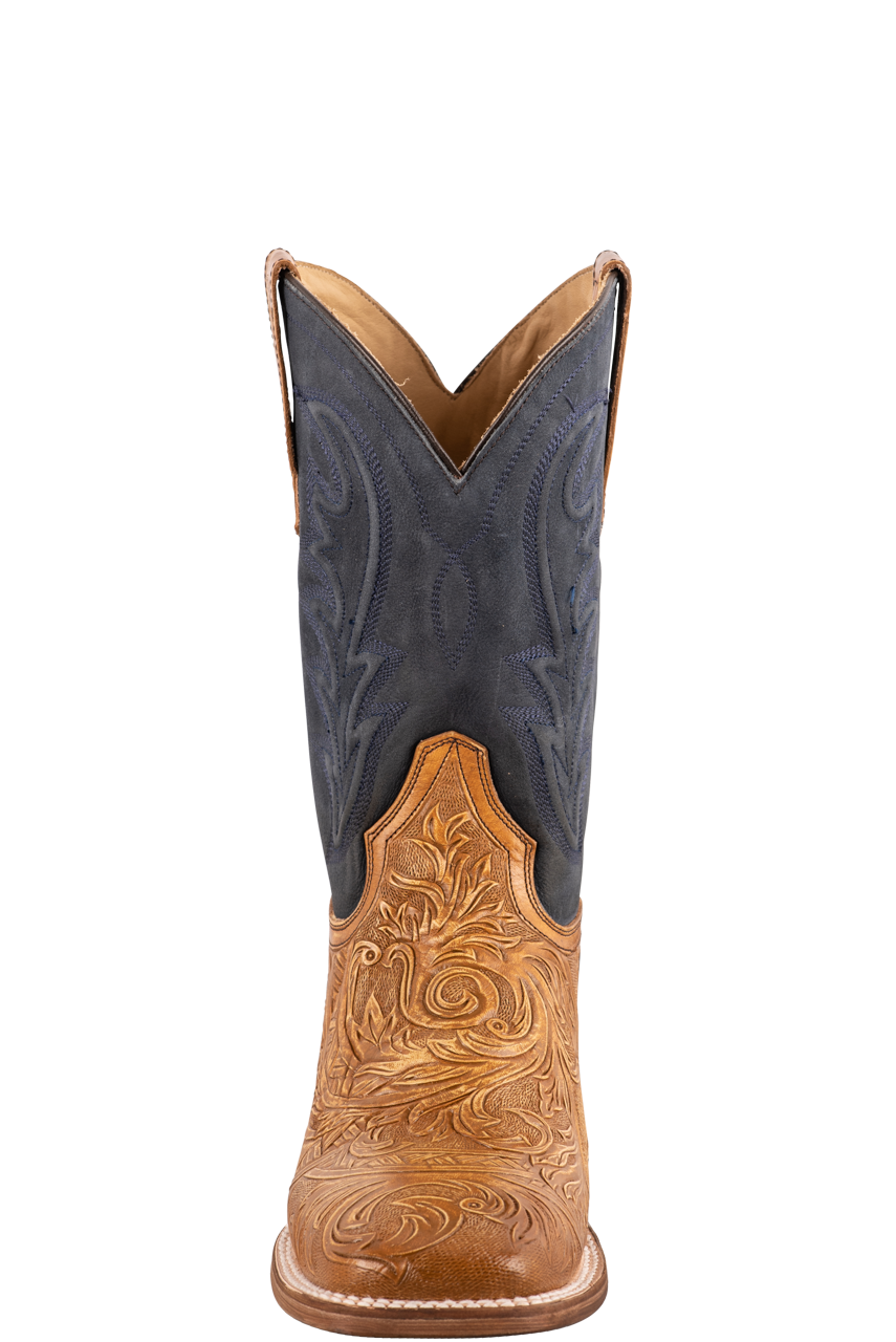 Stetson Men's Handcrafted Goat Leather Cowboy Boots - Tan & Blue - Western Style for Rodeo, Country Music Festivals & Outdoor Adventures