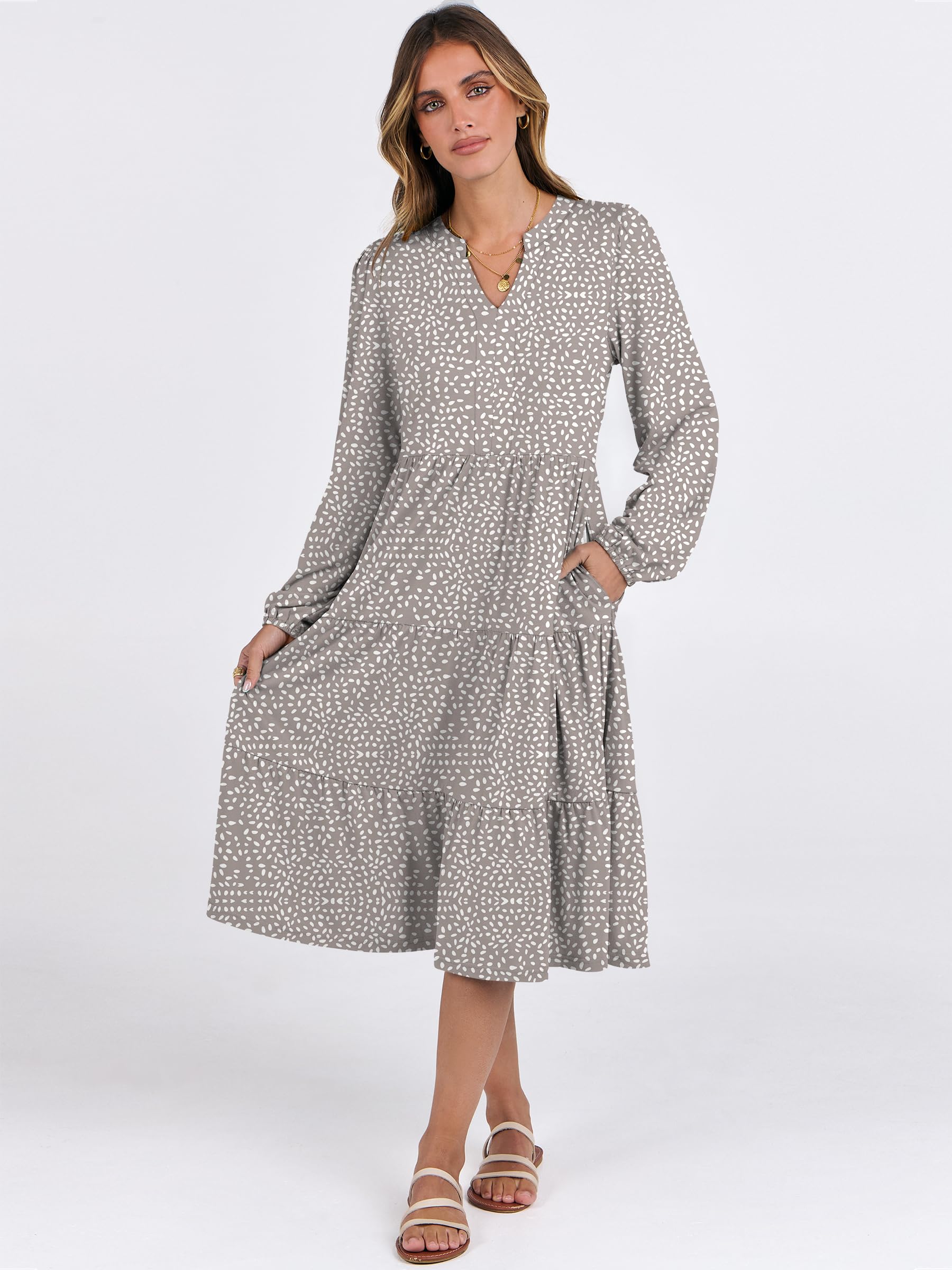 ANRABESS Women's Long Sleeve V-Neck Flowy Swing Dress - Loose Fit Tiered Maxi Dress for Spring 2025 | Casual Vacation Wear for Beach, Travel & Everyday Outfits