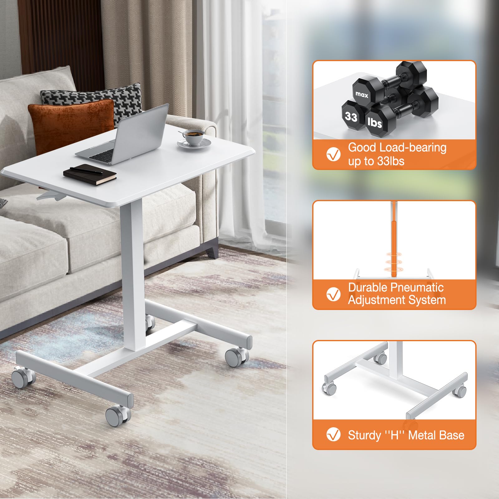 Sweetcrispy Small Mobile Standing Desk with Wheels - Adjustable Height Rolling Laptop Computer Cart for Home Office - Portable Workstation for Small Spaces, Dorm Rooms & Office Use - White