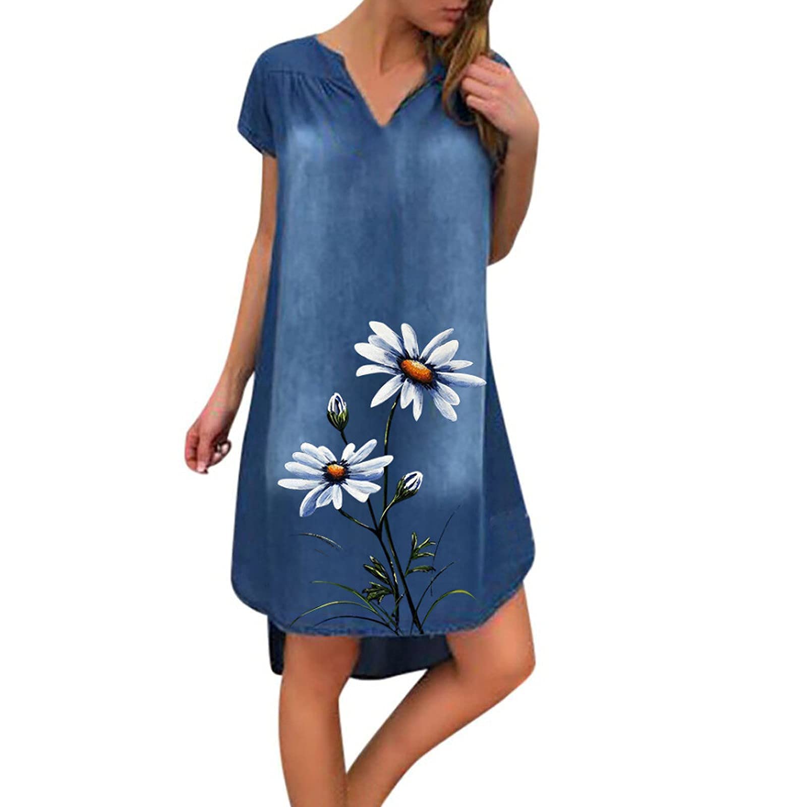 Women's Summer Denim Dresses - Casual Short Sleeve Distressed Daisy Print Jean Dress | Plus Size Loose Fit Trendy Outfit for Beach, Picnic & Daily Wear