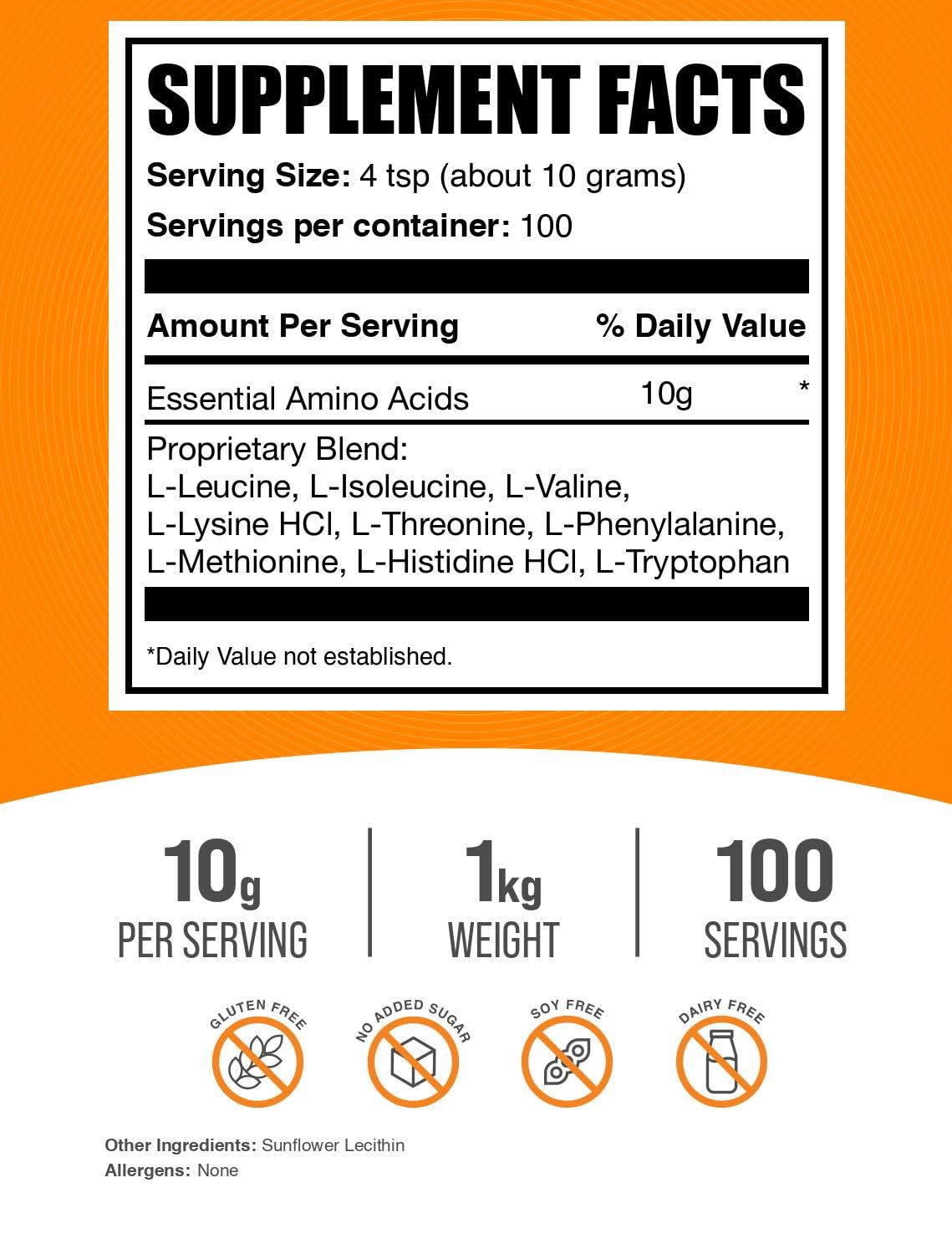 BulkSupplements Pure Essential Amino Acids (EAA) Powder - Unflavored Gluten-Free Supplement, 10g per Serving, 1kg (2.2 lbs) - Supports Muscle Recovery & Workout Performance for Athletes & Fitness Enthusiasts