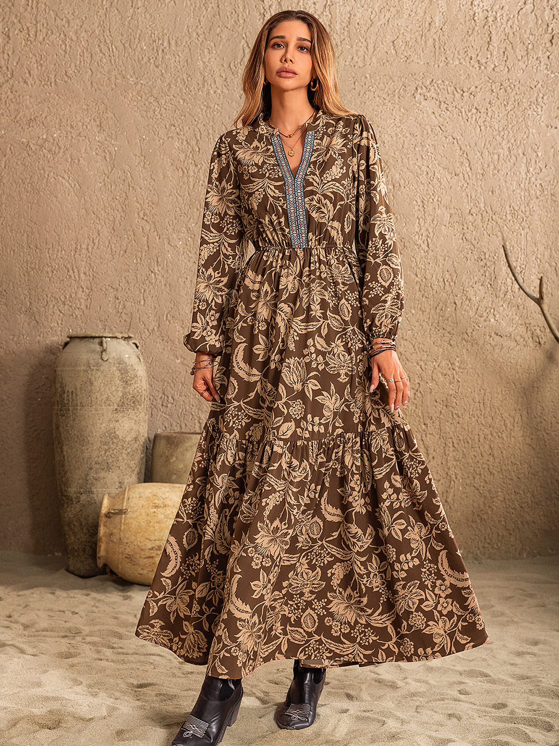 Southwestern Boho Long Sleeve Maxi Dress for Women - Floral Print Bohemian Style Flowy Dress for Fall & Winter - Perfect for Casual Outings, Date Nights & Festivals
