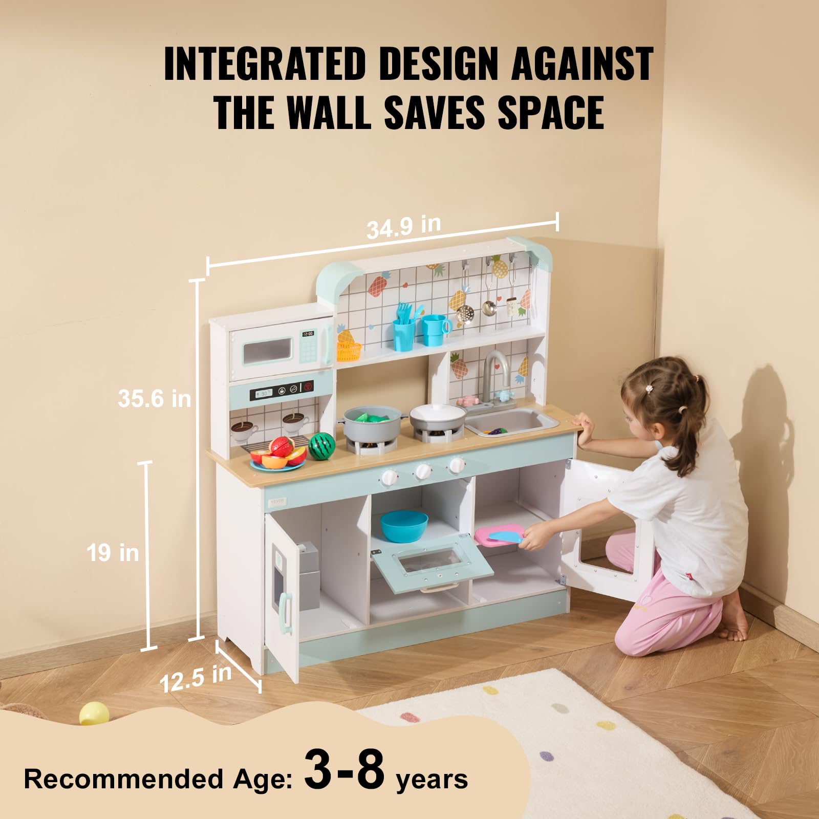 VEVOR Wooden Play Kitchen Set for Kids Ages 3-8 - Interactive Toy Kitchen with Realistic Lights, Sounds, Ice Maker, Oven, Sink, Microwave & Fridge - Includes Cooking Utensils & Fruit Accessories - Perfect for Pretend Play, Role Playing & Early Learning (White)