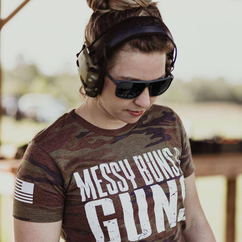 Women's Messy Buns & Guns Graphic T-Shirt - Woodland Camo Print Casual Tee for Gym, Workout & Everyday Wear
