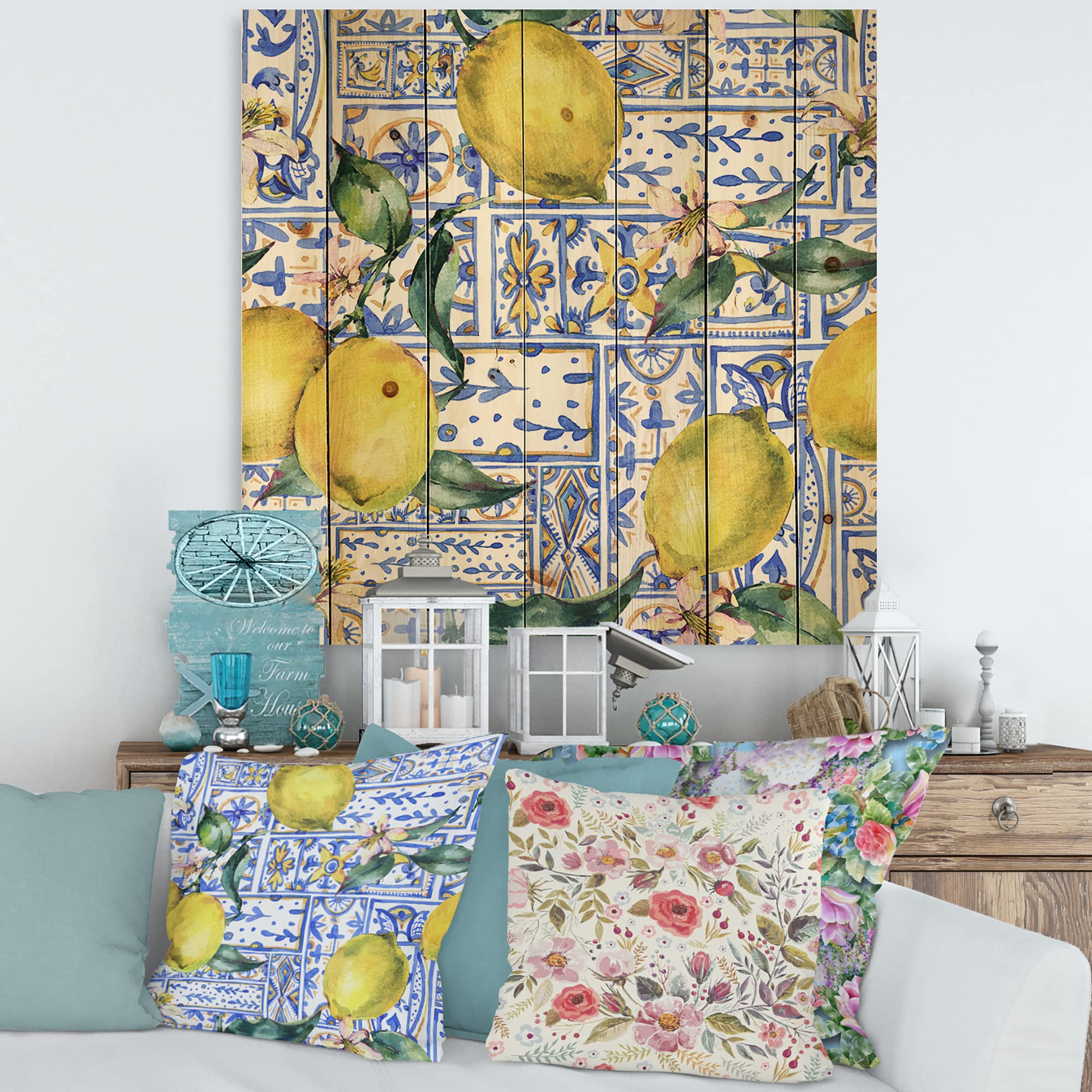 Lemon Wood Wall Art - Tropical Blue Geometric Decor for Kitchen & Dining