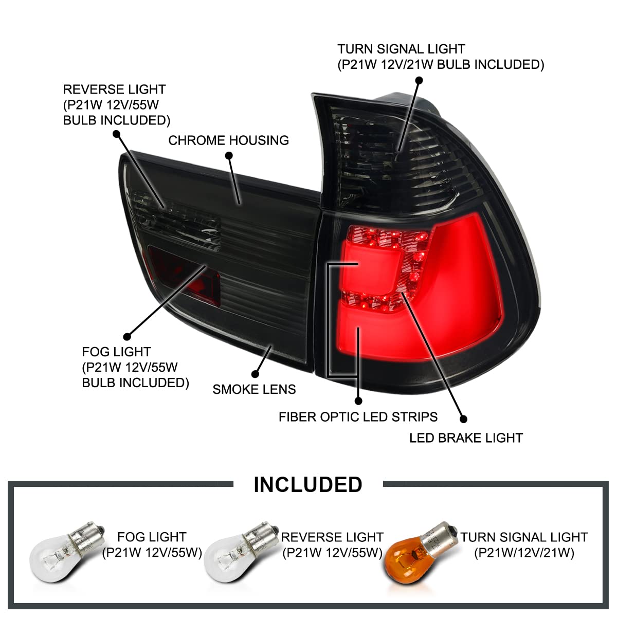 Spec-D Tuning Smoke LED Tail Lights for 2000-2006 BMW X5 E53 - Left & Right Pair Assembly - Enhanced Visibility & Style for Night Driving & Custom Car Upgrades