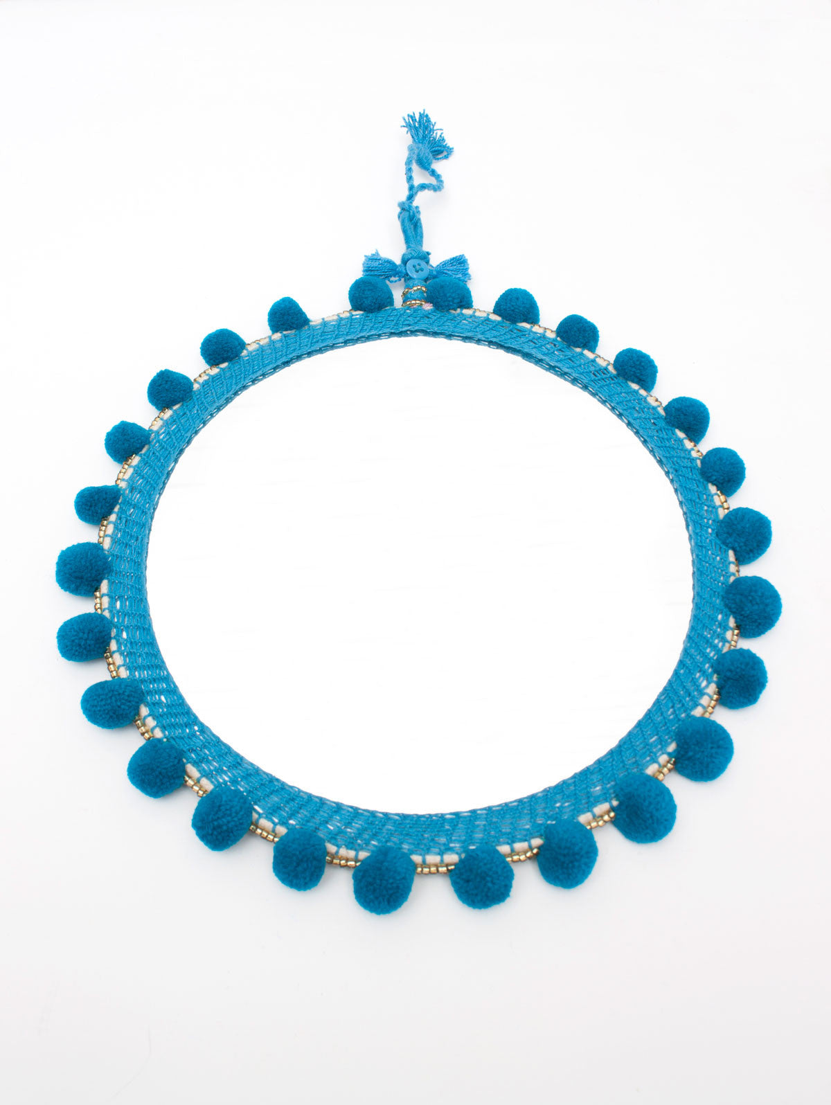 Teal Pom Pom Wall Mirror - Boho Home Decor for Bedroom, Living Room & Bathroom - Perfect for Vanity, Dresser & Entryway Decor