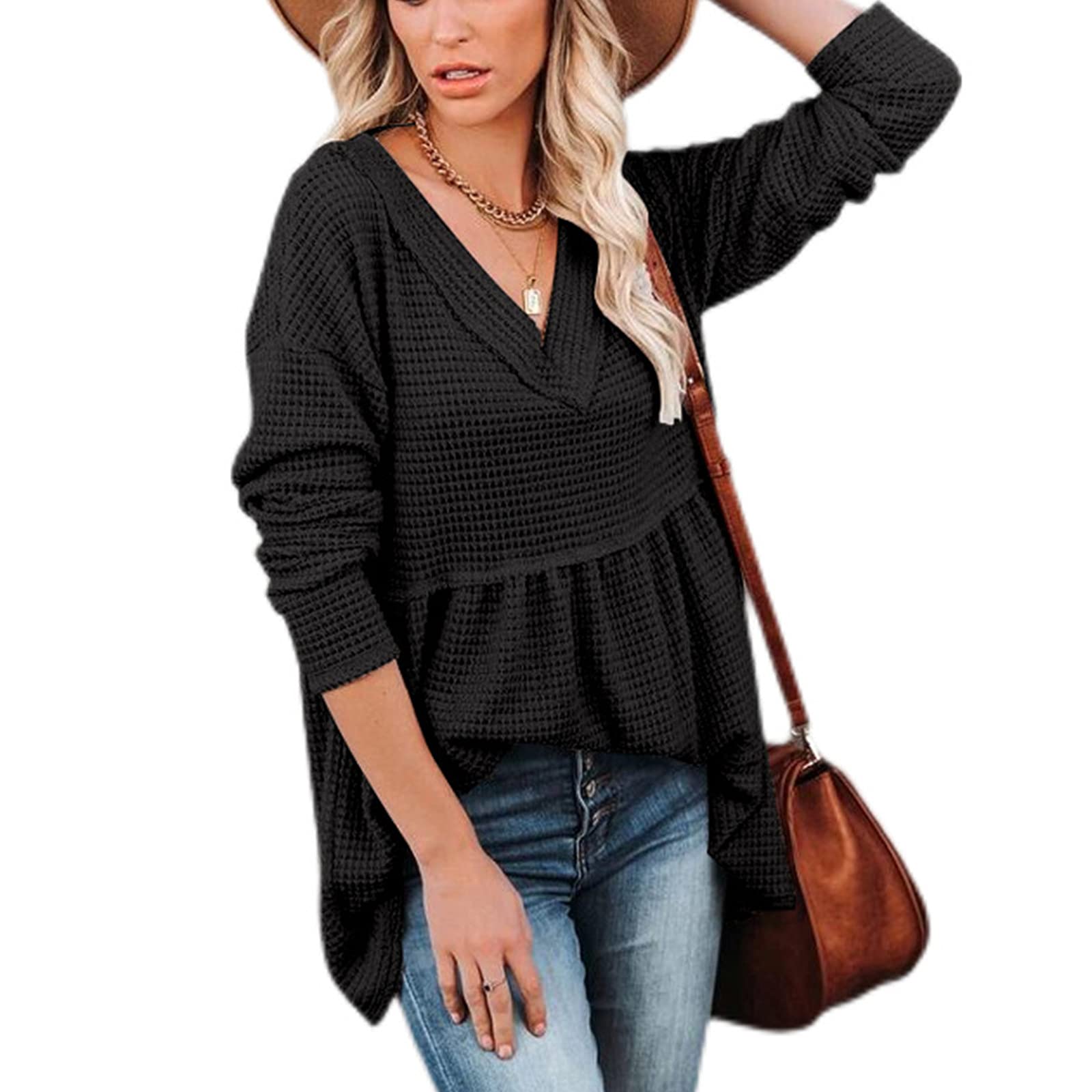 Women's V-Neck Puff Short/Long Sleeve Sweater Top - Soft Dot Waffle Knit Pullover Shirt - Lightweight Sweater Blouse for Casual Wear, Office Outfits & Fall Layering