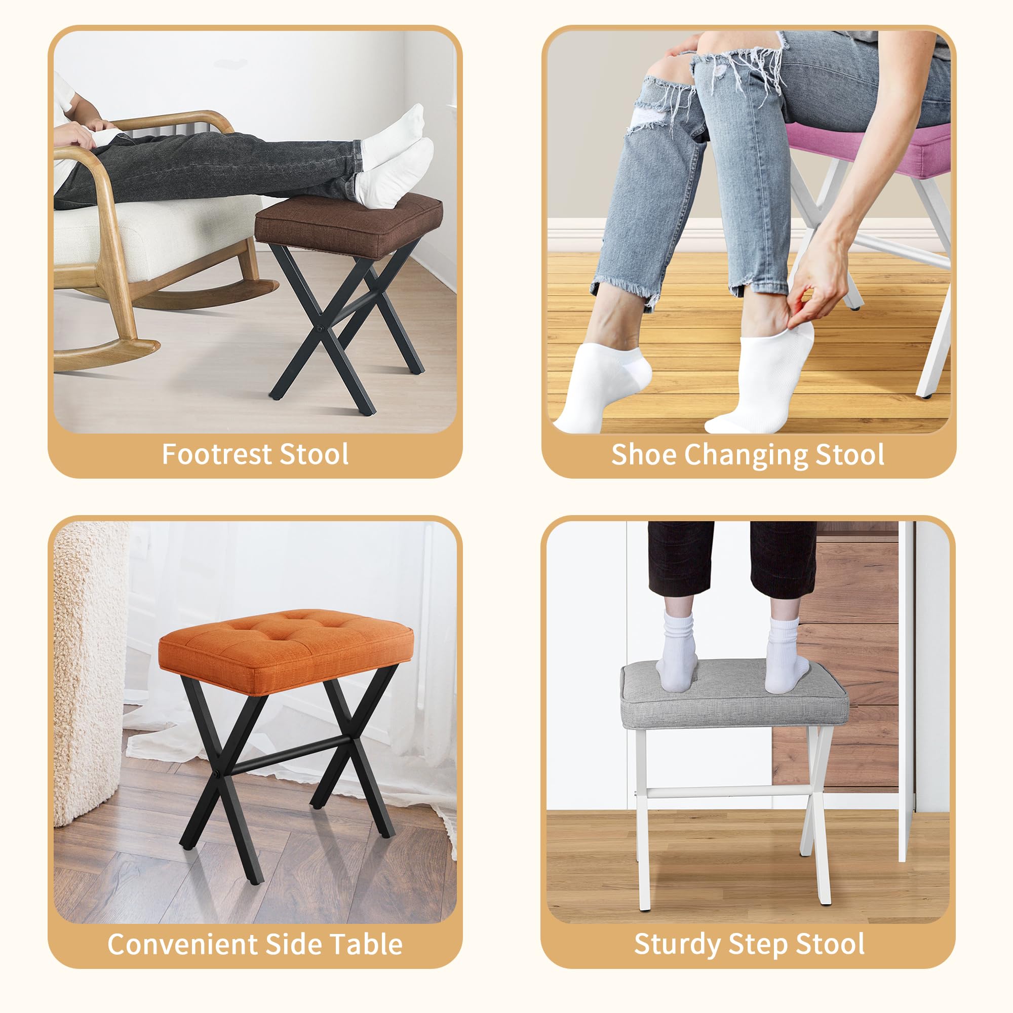 Pink Upholstered Vanity Stool with Metal X Legs - Makeup Chair, Ottoman Footrest for Bedroom, Bathroom & Living Room - Soft Padded Seat for Entryway & Dressing Area - Home Decor & Comfortable Seating Solution