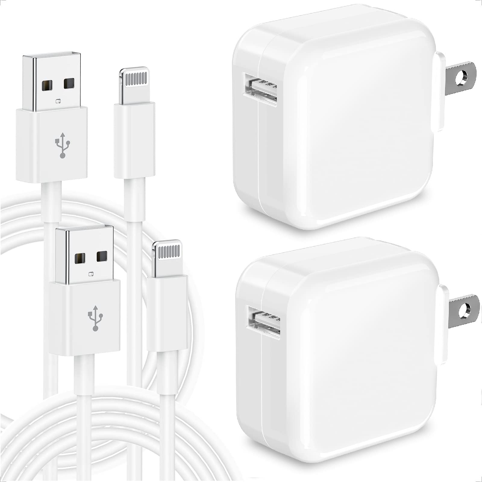 Apple MFi Certified 2-Pack 12W Fast Charger with Lightning Cables - Compatible with iPad, iPhone 14/13/12/11/XR/8 & AirPods | Foldable Travel Charger for Home, Office & On-The-Go Use
