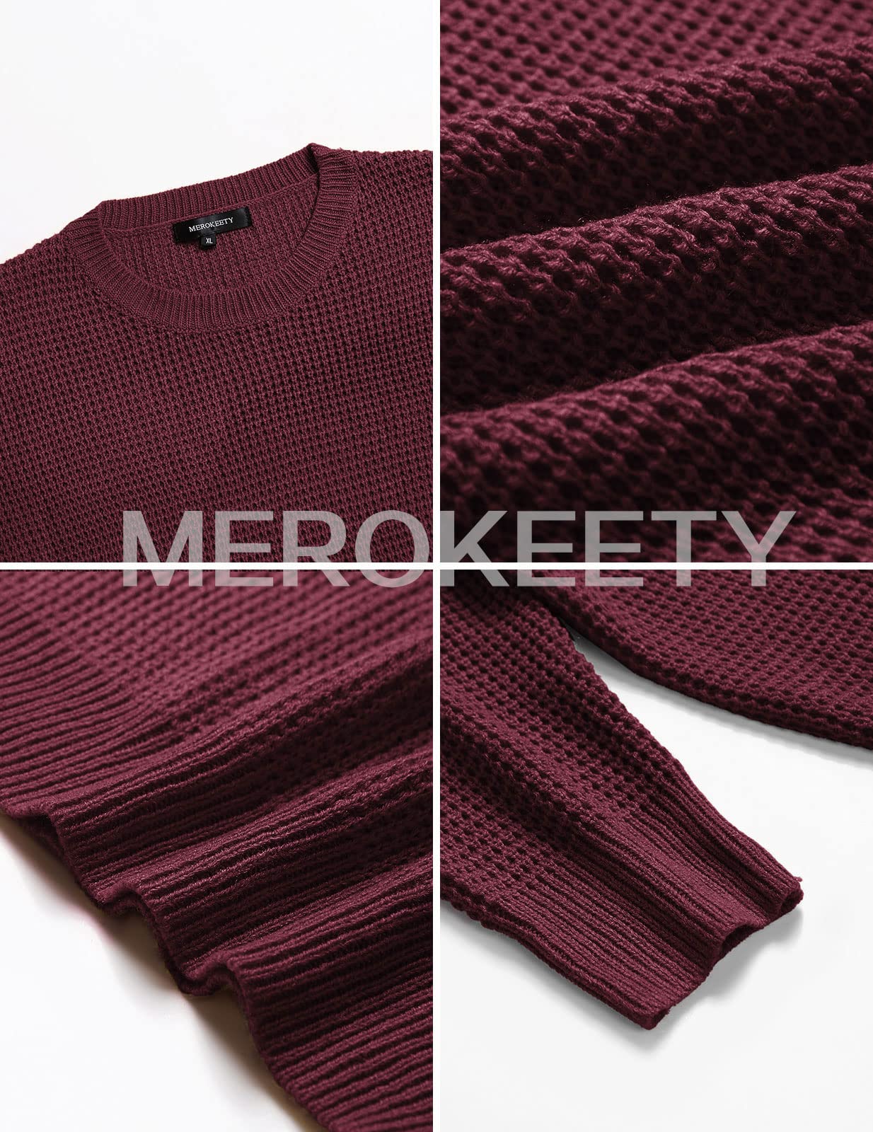 MEROKEETY Women's 2024 Long Sleeve Waffle Knit Sweater - Crew Neck Solid Color Pullover Jumper Top for Fall & Winter | Casual Office Wear, Date Night Outfit, Cozy Lounge Sweater