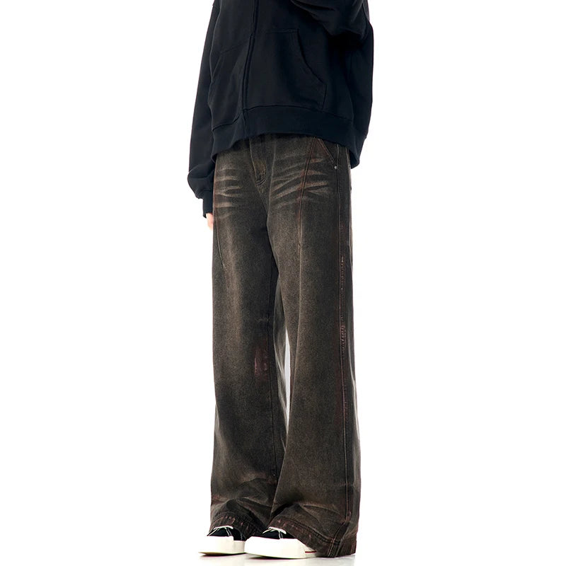 American Style Men's Denim Pants - Solid Color Straight Leg Trousers with Zipper Pockets | Wide Leg Comfort Fit for Winter 2024 | Casual Wear, Office Outfits & Street Style Fashion