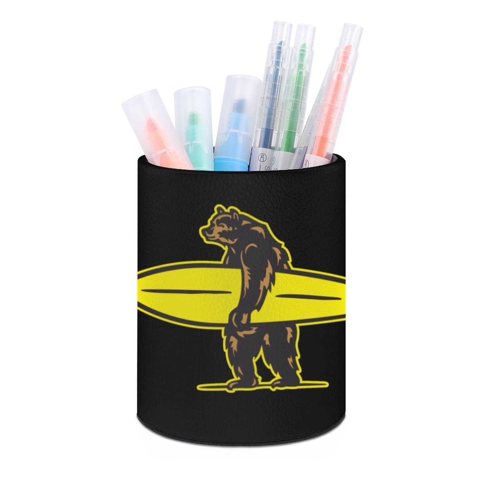 California Surf Bear Pen Holder - Cute Round Desk Organizer for Pens, Pencils & Makeup Brushes - Stylish Stationery Box & Office Accessory - Perfect for Home, Office & School Use