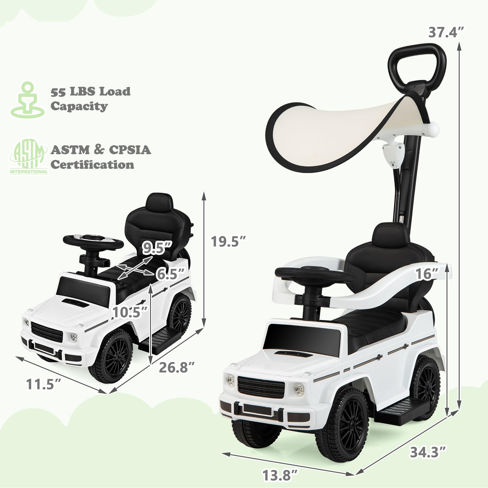 Nightcore Push Car for Toddlers - Ride On Toy with Removable Canopy, Anti-Tipping Design & Engine Sound - Safe Baby Walker with Retractable Footrest & Guardrail - Perfect Indoor/Outdoor Play for Boys & Girls (White) - Great for Birthday Gifts, Backyard Fun & Preschool Learning Activities