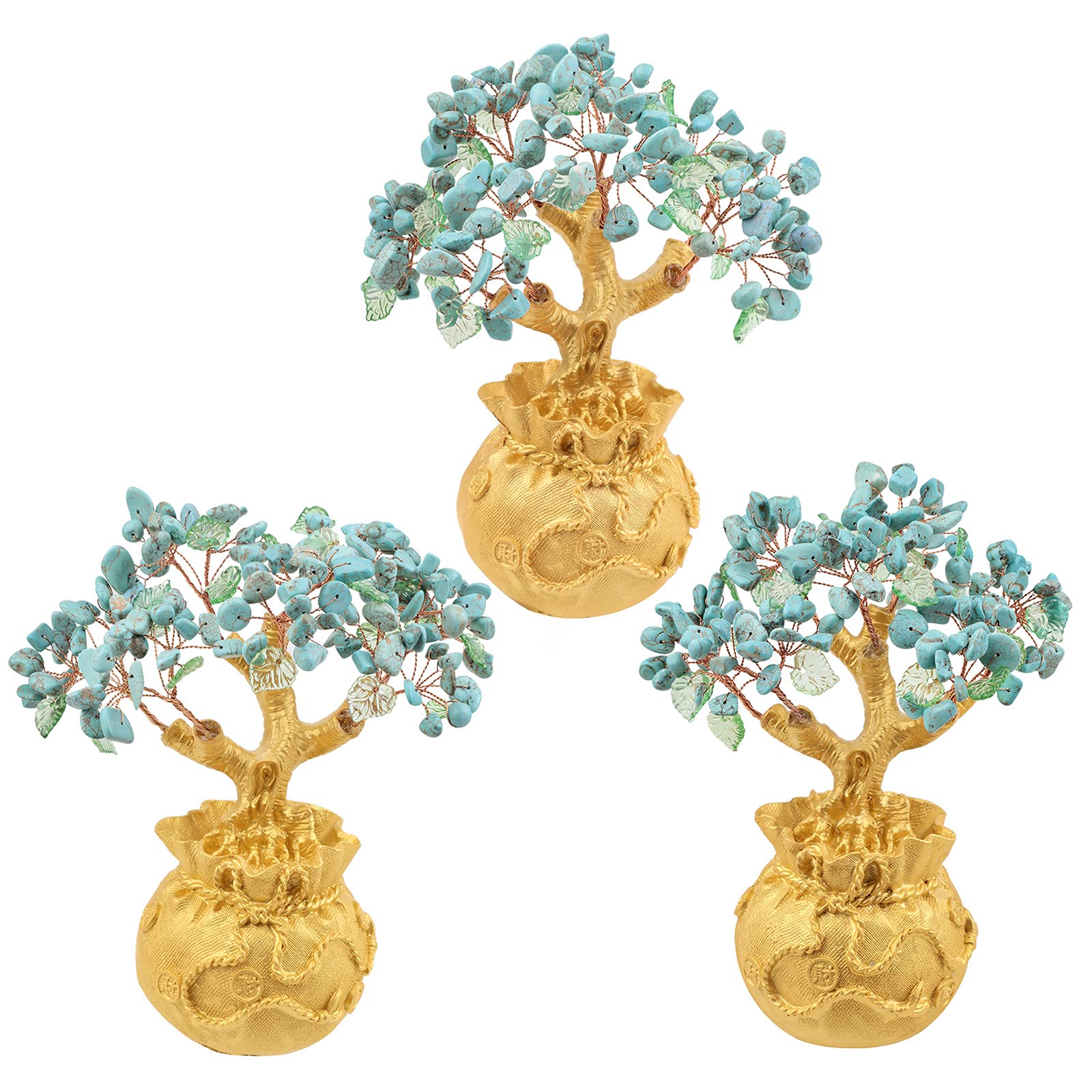 RockCloud Crystal Money Tree with Golden Money Bag - Feng Shui Wealth & Luck Bonsai for Home Office Decor - Howlite Turquoise Stone - Perfect for Desk Decor, Housewarming Gift & Positive Energy Boost