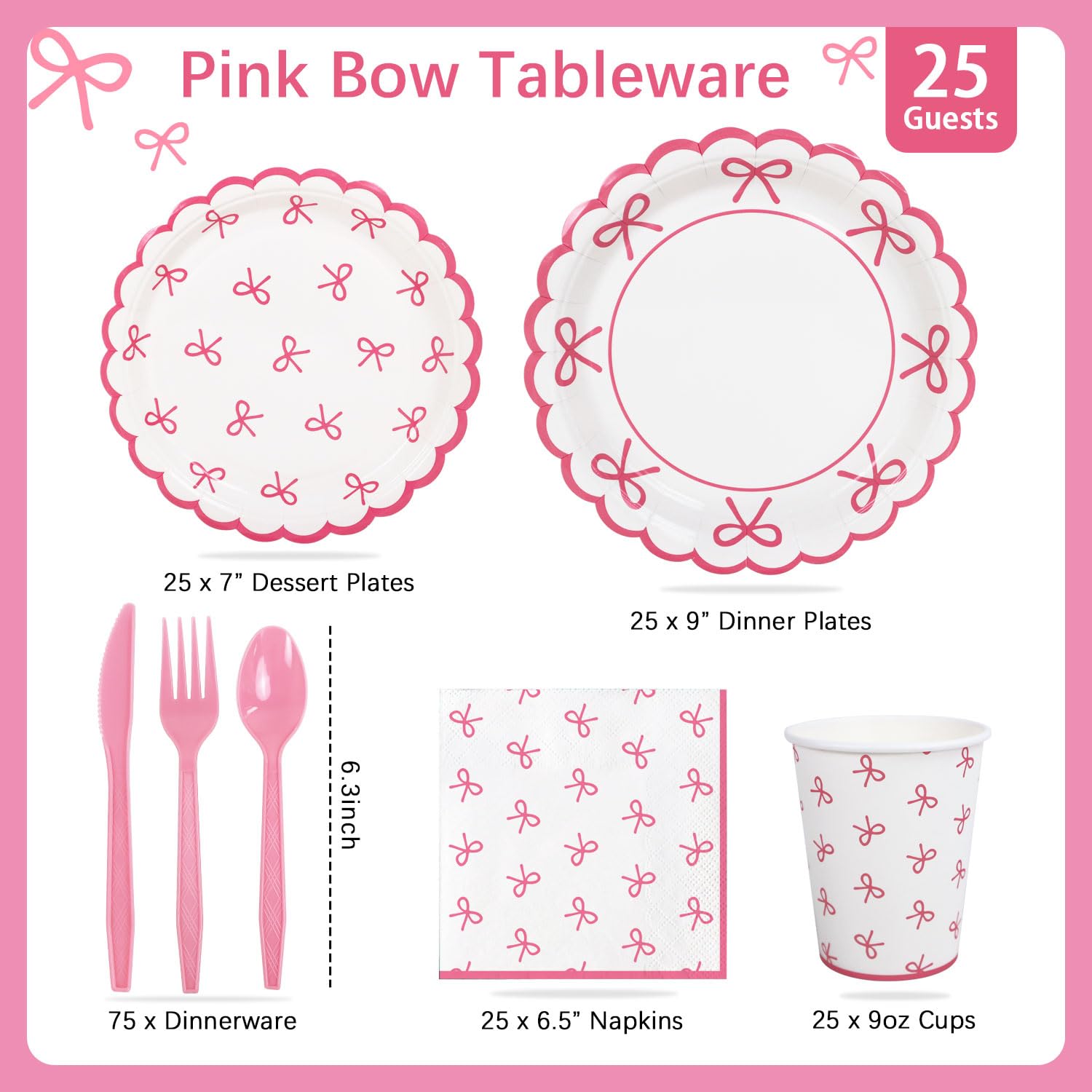 175Pcs Pink Bow Birthday Party Decorations Set - Plates, Napkins, Cups & Cutlery for 25 Guests | Coquette Theme Girls Birthday Supplies | Perfect for Princess Themed Parties, Baby Showers & Bridal Showers