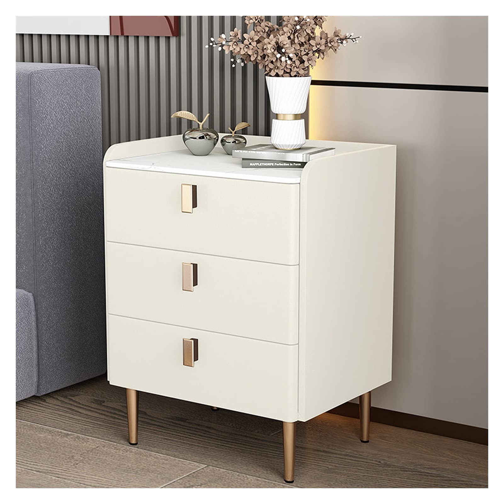 TOMYEUS 3-Tier Wooden Nightstand with Storage - Bedside Table for Bedroom, Compact Side Table with Drawer & Shelf (Off-White) - Perfect for Small Spaces, Apartment Living & Home Organization