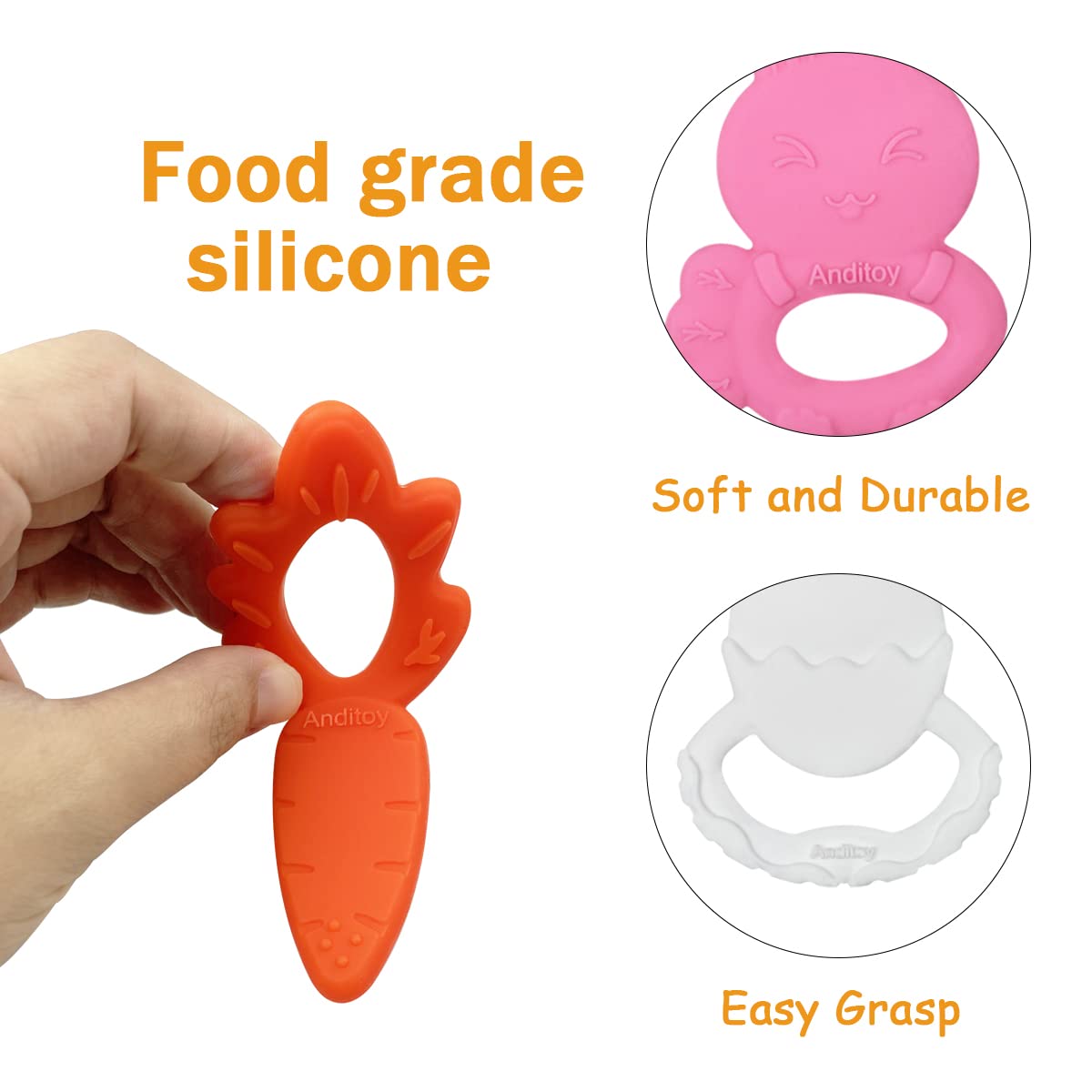 Anditoy 4 Pack Easter Teething Toys for Babies 3-12 Months - Soft Silicone Teethers for Toddlers, Easter Basket Stuffers & Baby Shower Gifts - Perfect for Soothing Sore Gums During Easter & Holiday Celebrations