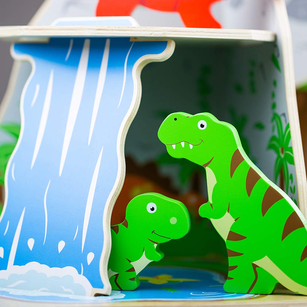Bigjigs Toys Wooden Dinosaur Island Playset - Complete Prehistoric Toy Set with Volcano & Trees for Kids, Educational STEM Learning & Imaginative Play
