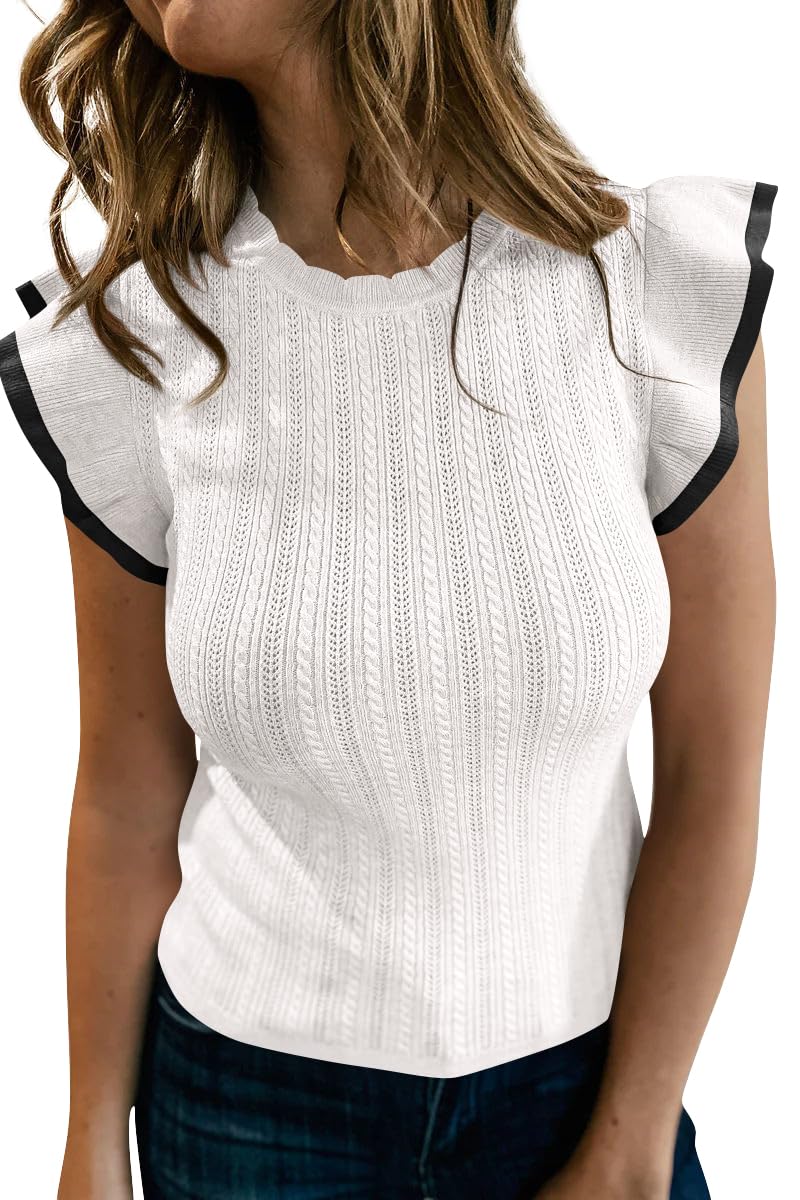 Saodimallsu Women's Summer Sleeveless Cable Knit Sweater Vest - Slimming Crewneck Ruffle Tank Top for Casual & Work Wear | Perfect for Office, Date Night & Summer Outfits