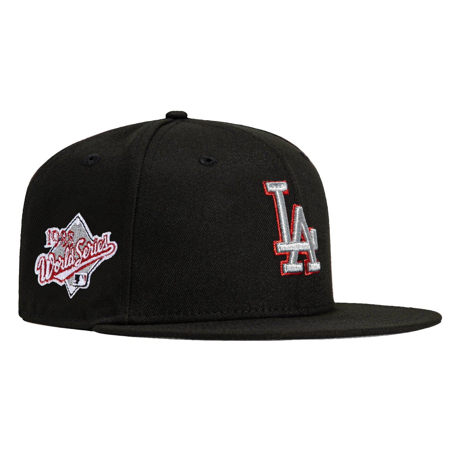 New Era 59Fifty Los Angeles Dodgers 1988 World Series Patch Snapback Hat - Black, Metallic Silver & Red - Perfect for Baseball Games, Fan Collections & Streetwear Fashion