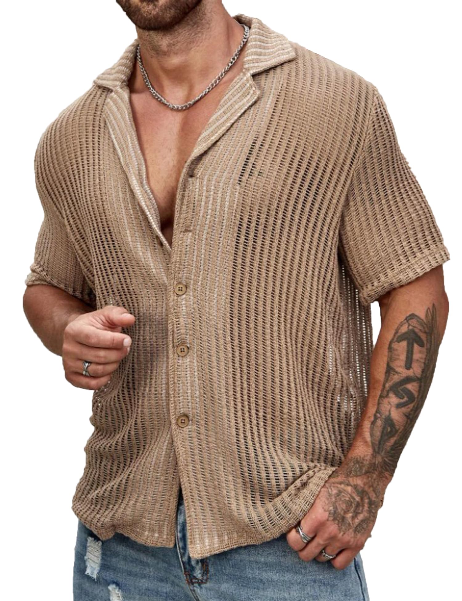 URRU Men's Stylish Hawaiian Shirt - Lightweight Short Sleeve Casual Button Down Beach Shirt for Summer Vacation, Pool Party & Tropical Getaway (Light Coffee)