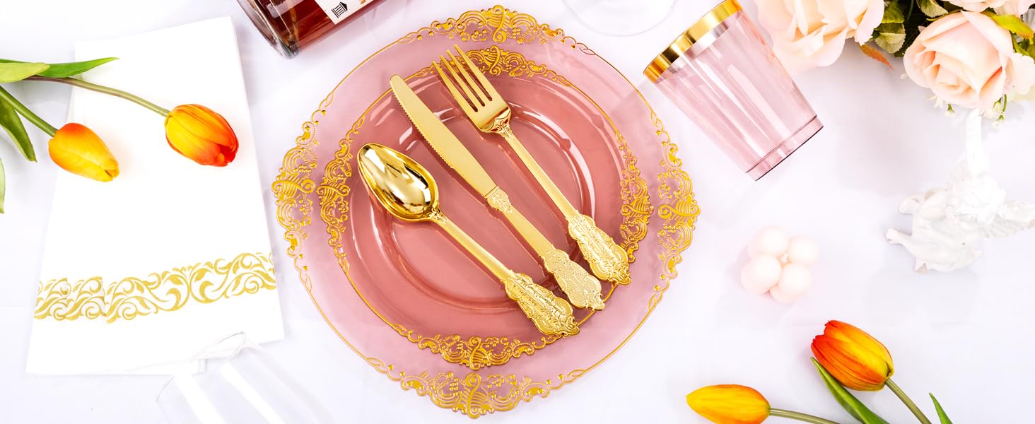 Hioasis 175-Piece Clear Burgundy Plastic Disposable Tableware Set - Includes 25 Dinner Plates, 25 Dessert Plates, 25 Knives, 25 Forks, 25 Spoons, 25 Cups & 25 Napkins - Perfect for Weddings, Parties, BBQs & Outdoor Events