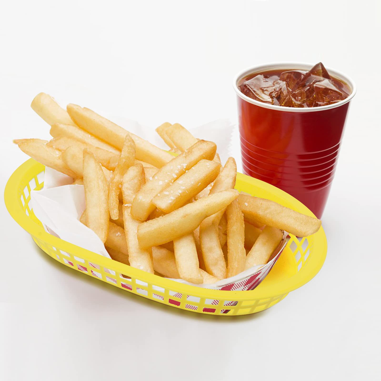 24 Pack 11x7 Inch Yellow Plastic Fast Food Serving Baskets - Oval Shaped Deli Food Service Containers for Burgers, Hot Dogs, Sandwiches, Fries & BBQ | Perfect for Restaurants, Food Trucks, Catering & Outdoor Parties